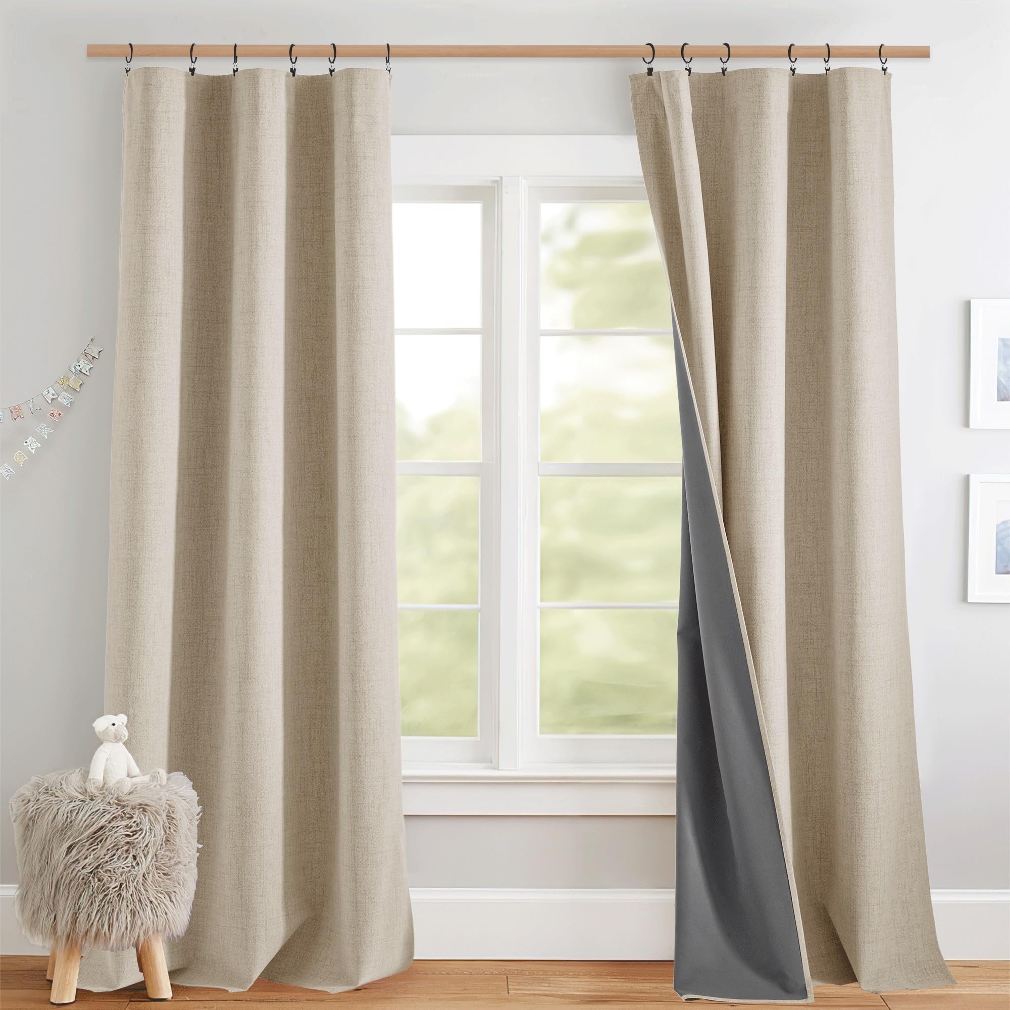 NICETOWN 100% Blackout Linen Curtains 90" Long for Bedroom, Thermal Insulated Living Room Curtains with Liner, Farmhouse Style Linen Blend Window Draperies for Dining Room (2 Panels, 52" W, Natural)