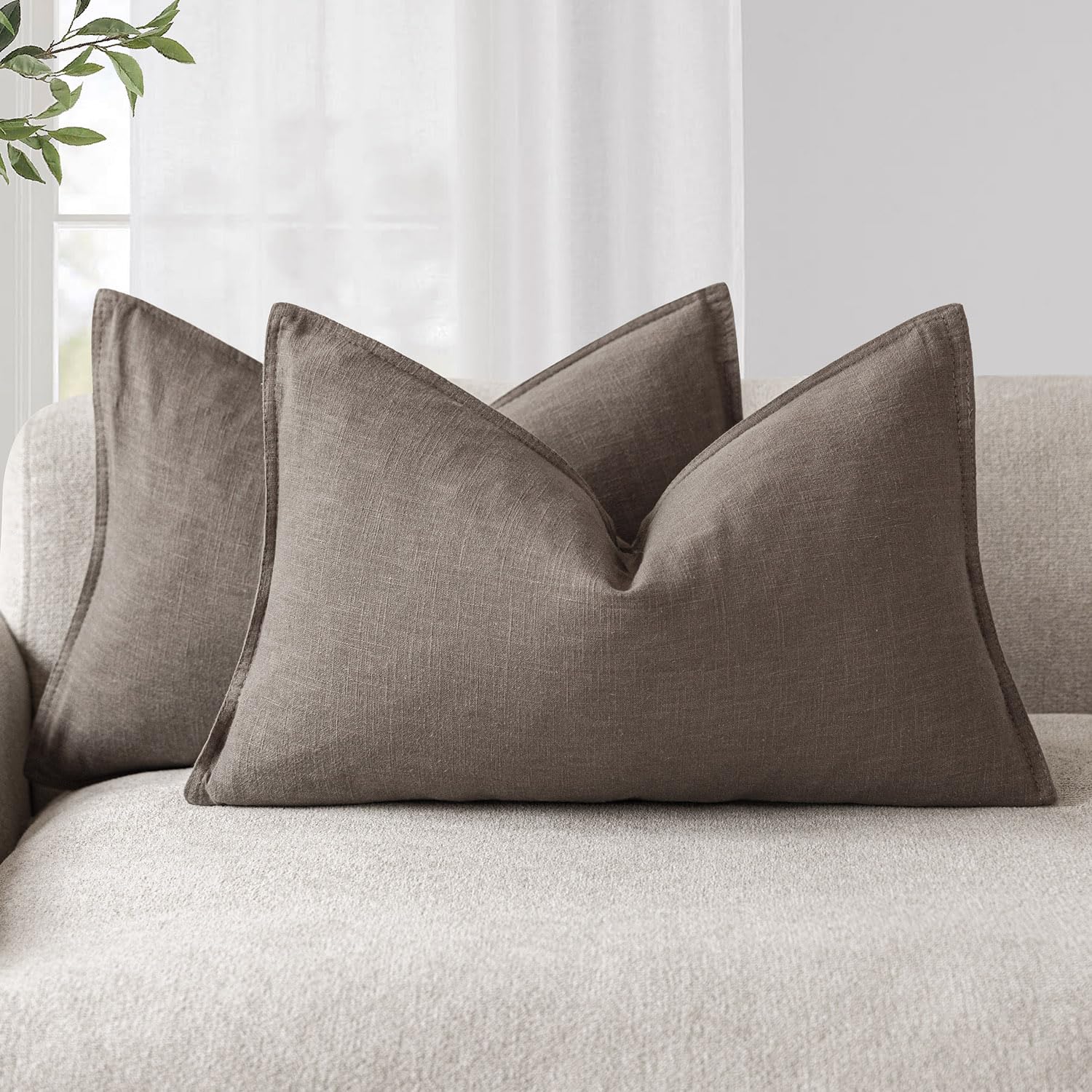 Foindtower Pack of 2, Decorative Linen Soild Throw Pillow Covers Soft Accent Cushion Case Boho Farmhouse Neutral Pillowcase for Couch Sofa Bedroom Living Room Home Decor 18 x 18 Inch Natural Beige