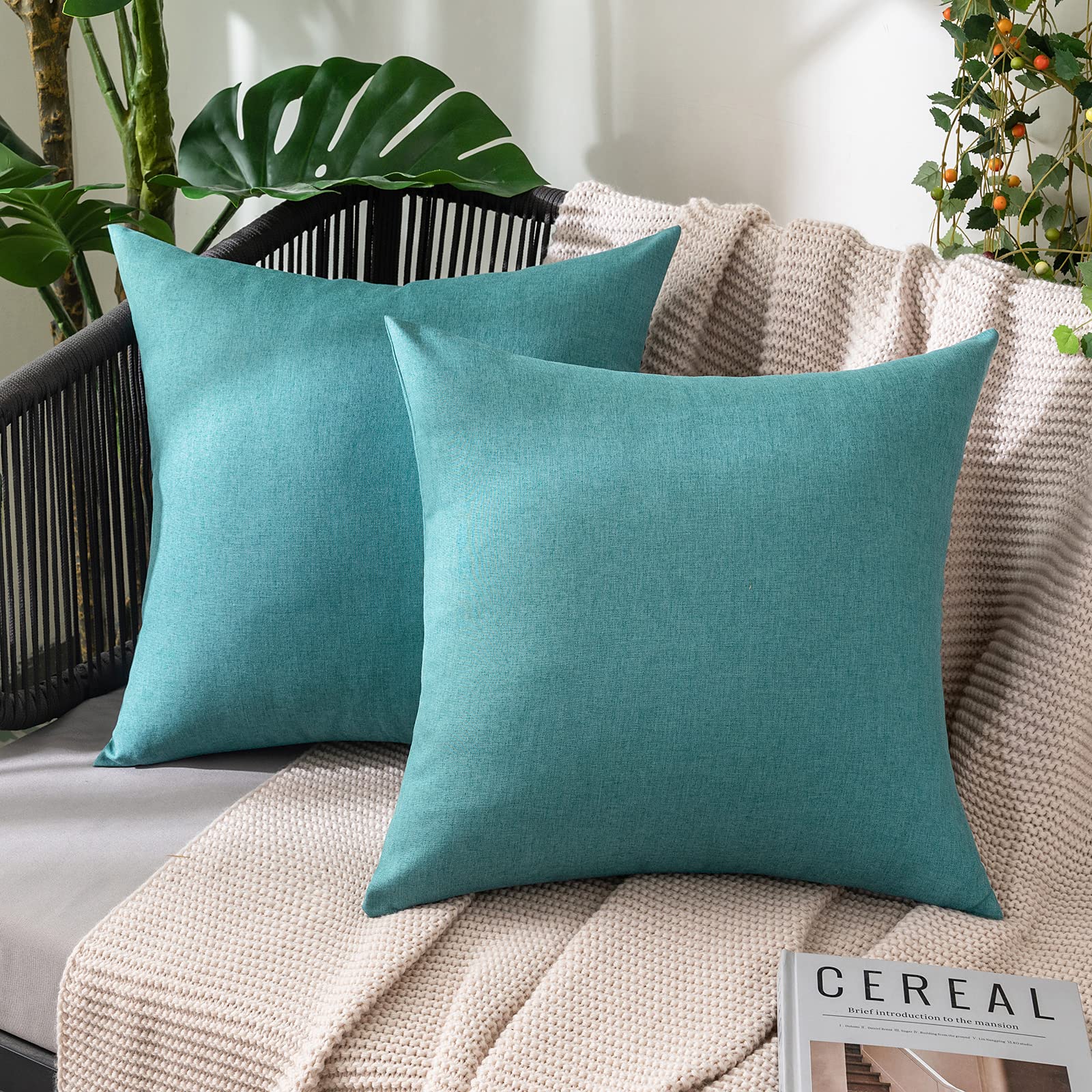 MIULEE Pack of 2 Decorative Outdoor Solid Waterproof Throw Pillow Covers Faux Linen Garden Farmhouse Cushion Cases for Patio Tent Balcony Couch Sofa 18x18 Inch Beige