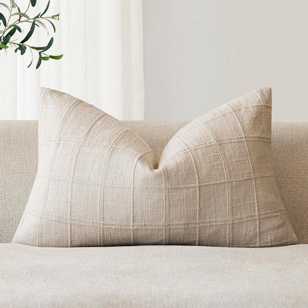 Foindtower Set of 1 Decorative Linen Check Throw Pillow Cover Neutral Farmhouse Lumbar Cushion Cover Modern Boho Home Decor for Sofa Chair Couch Bedroom Living Room,12×20 Inch,Natural Beige