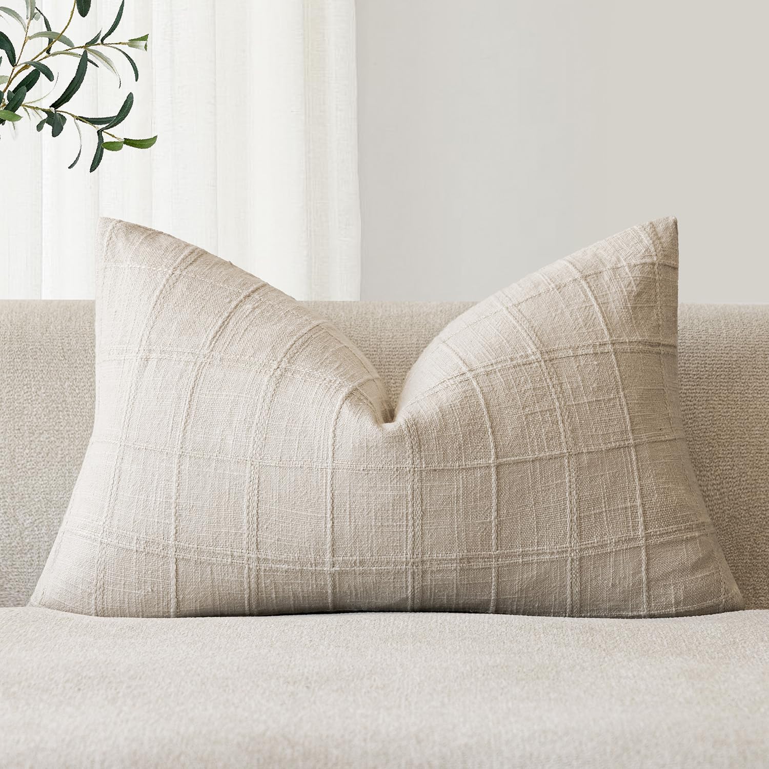 Foindtower Set of 1 Decorative Linen Check Throw Pillow Cover Neutral Farmhouse Lumbar Cushion Cover Modern Boho Home Decor for Sofa Chair Couch Bedroom Living Room,12×20 Inch,Natural Beige