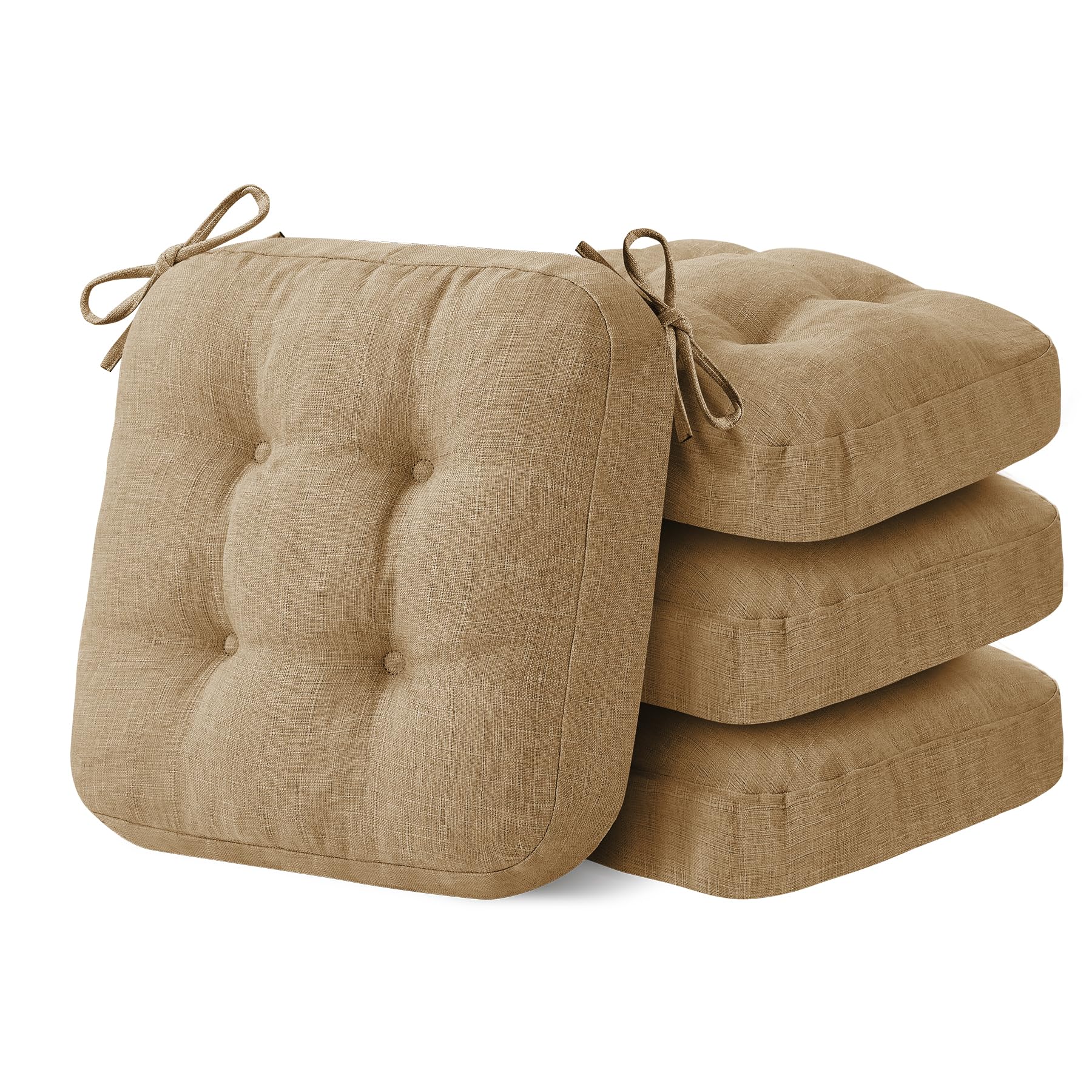 IASEAHK Chair Cushions for Dining Chairs, Dining Chair Cushions, Tufted Indoor Chair Pads with Ties & Non Slip Backing, Seat Cushions for Kitchen Chairs 16.5” x 16.5” x 3.5”, Set of 2, Beige