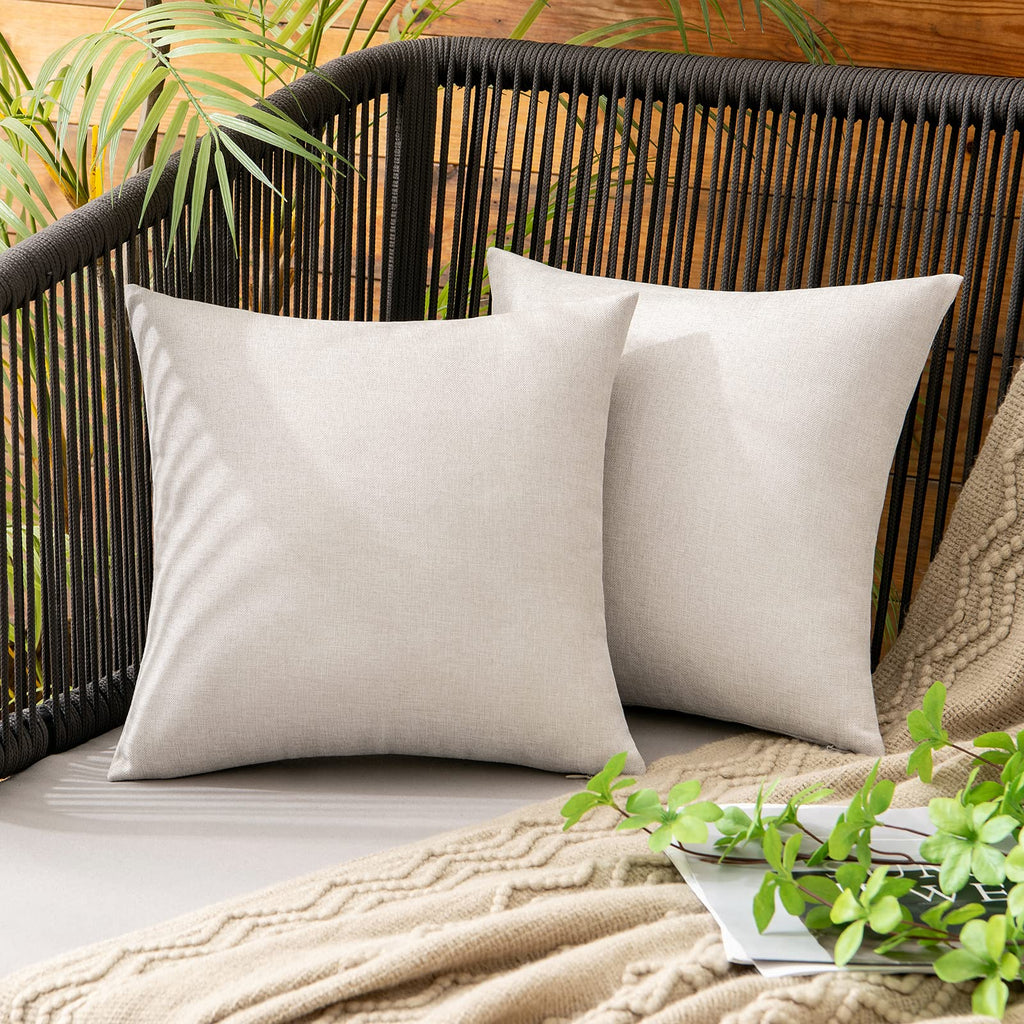 MIULEE Pack of 2 Decorative Outdoor Solid Waterproof Throw Pillow Covers Faux Linen Garden Farmhouse Cushion Cases for Patio Tent Balcony Couch Sofa 18x18 Inch Beige