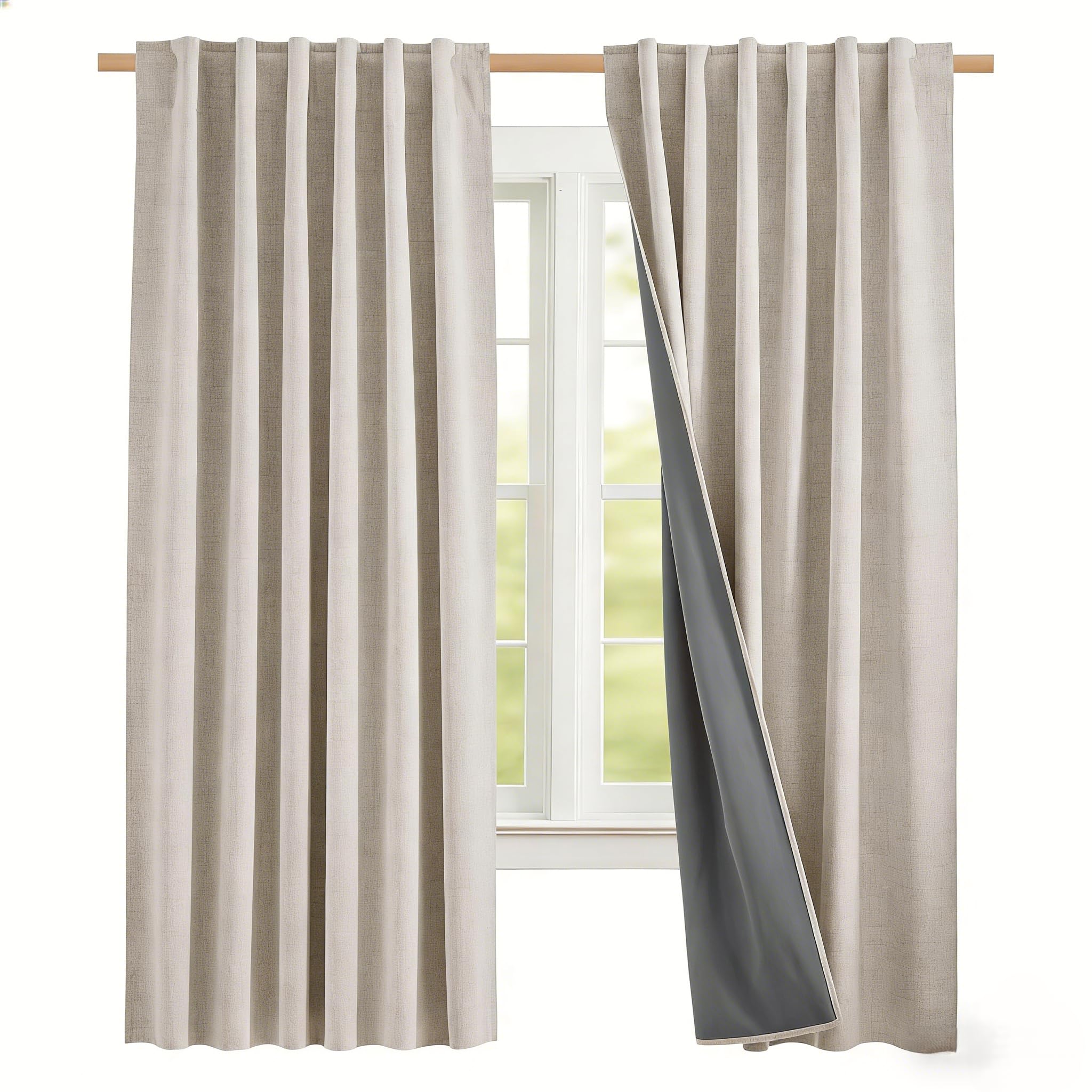 NICETOWN 100% Blackout Linen Curtains 90" Long for Bedroom, Thermal Insulated Living Room Curtains with Liner, Farmhouse Style Linen Blend Window Draperies for Dining Room (2 Panels, 52" W, Natural)