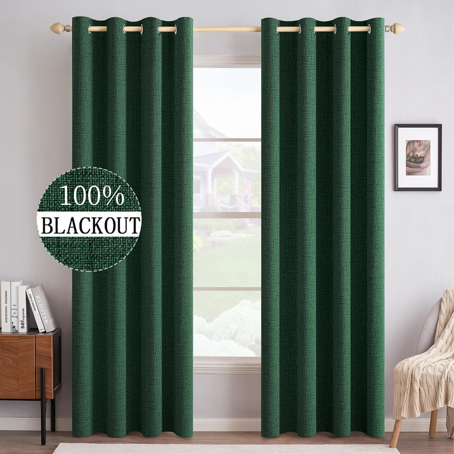 MIULEE 100% Blackout Linen Textured Curtains for Bedroom Solid Thermal Insulated Natural Beige Grommet Room Darkening Curtains & Drapes Luxury Decor for Living Room Nursery 52 x 84 Inch (2 Panels)