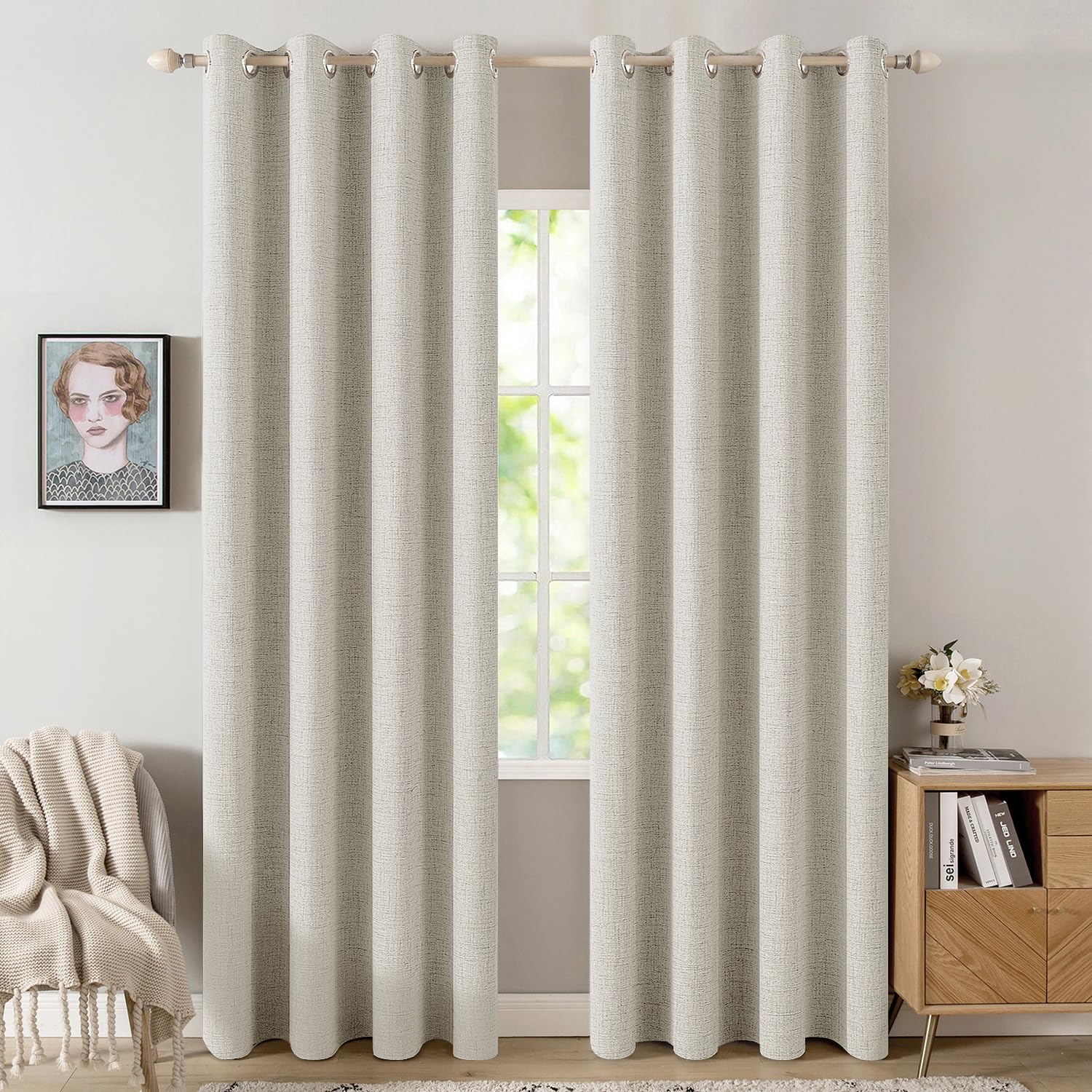 MIULEE 100% Blackout Linen Textured Curtains for Bedroom Solid Thermal Insulated Natural Beige Grommet Room Darkening Curtains & Drapes Luxury Decor for Living Room Nursery 52 x 84 Inch (2 Panels)