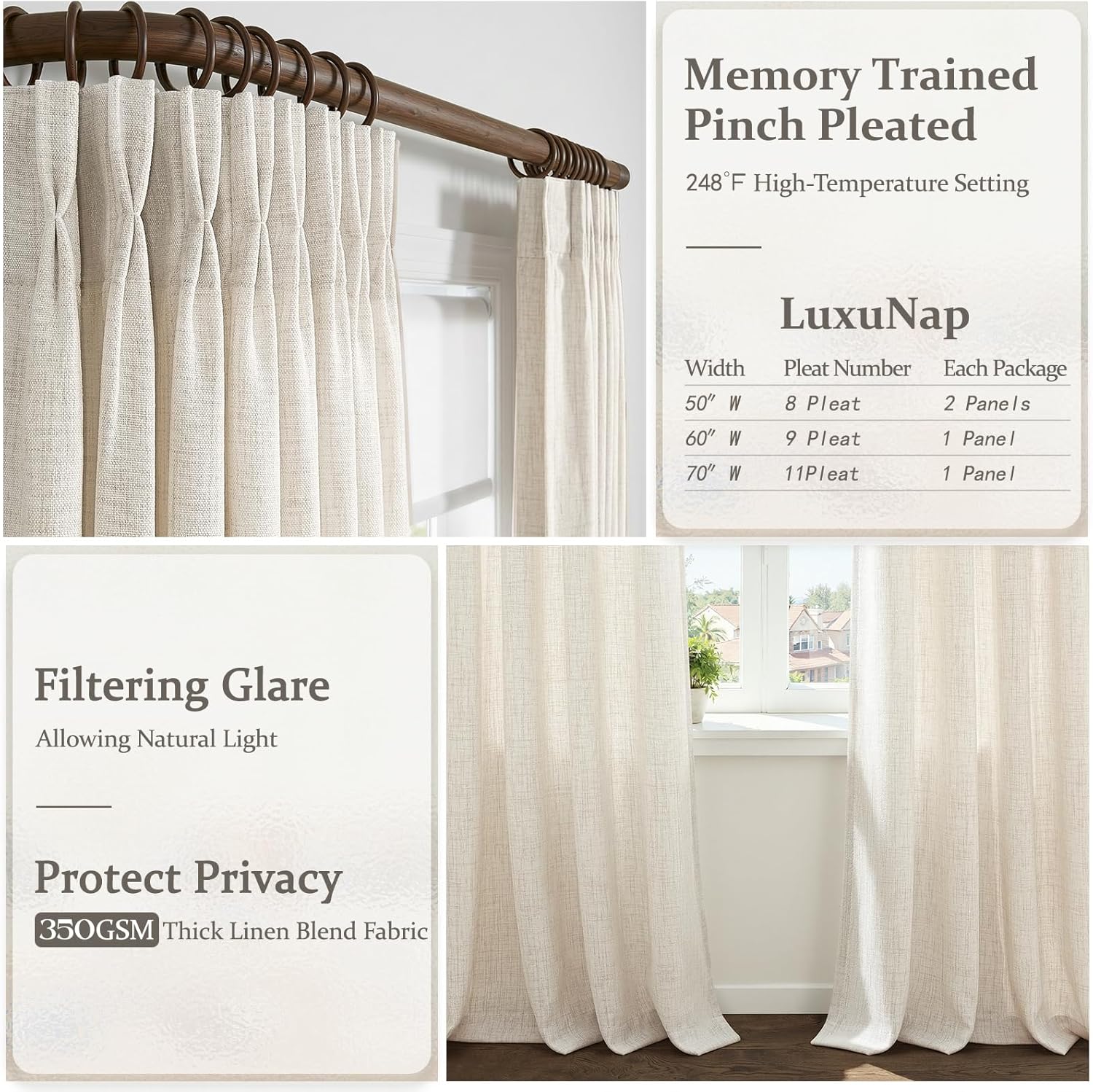 Pinch Pleated Linen 50 Inch Wide Curtains 96 Inches Long for Living Room, Memory Trained Pleat Boho Semi Sheer Birch Light Filtering Privacy Drapes 50x96 Inch Length 2 Panels Set Curtain Cream Ivory
