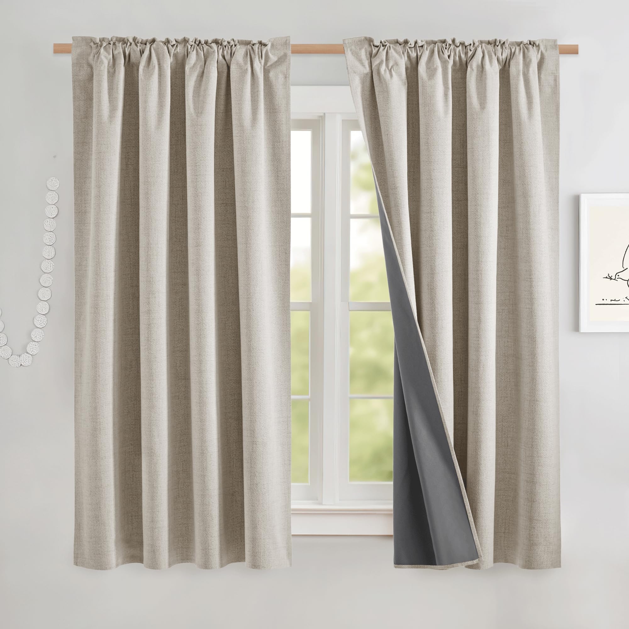 NICETOWN 100% Blackout Linen Curtains 90" Long for Bedroom, Thermal Insulated Living Room Curtains with Liner, Farmhouse Style Linen Blend Window Draperies for Dining Room (2 Panels, 52" W, Natural)