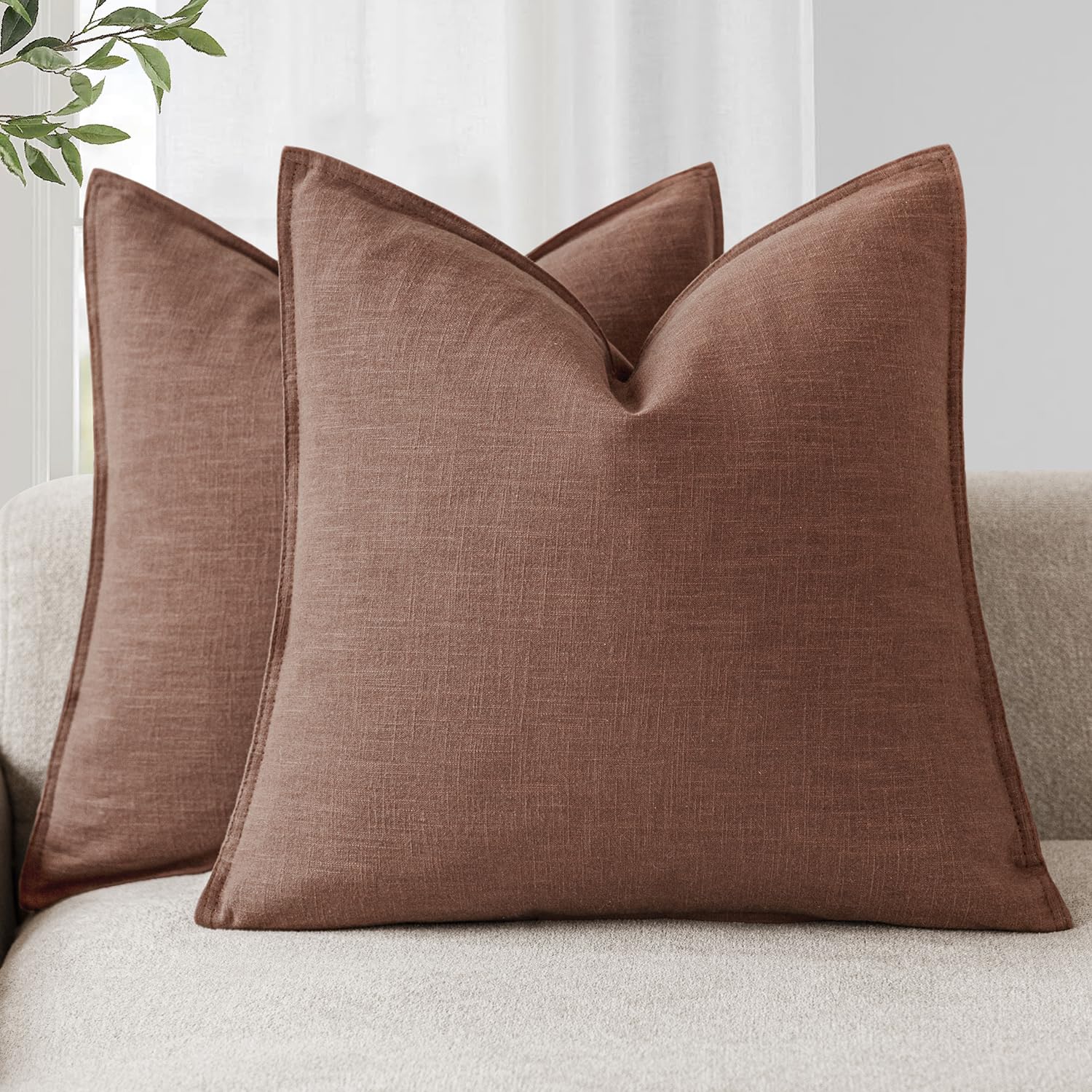 Foindtower Pack of 2, Decorative Linen Soild Throw Pillow Covers Soft Accent Cushion Case Boho Farmhouse Neutral Pillowcase for Couch Sofa Bedroom Living Room Home Decor 20 x 20 Inch Natural Beige