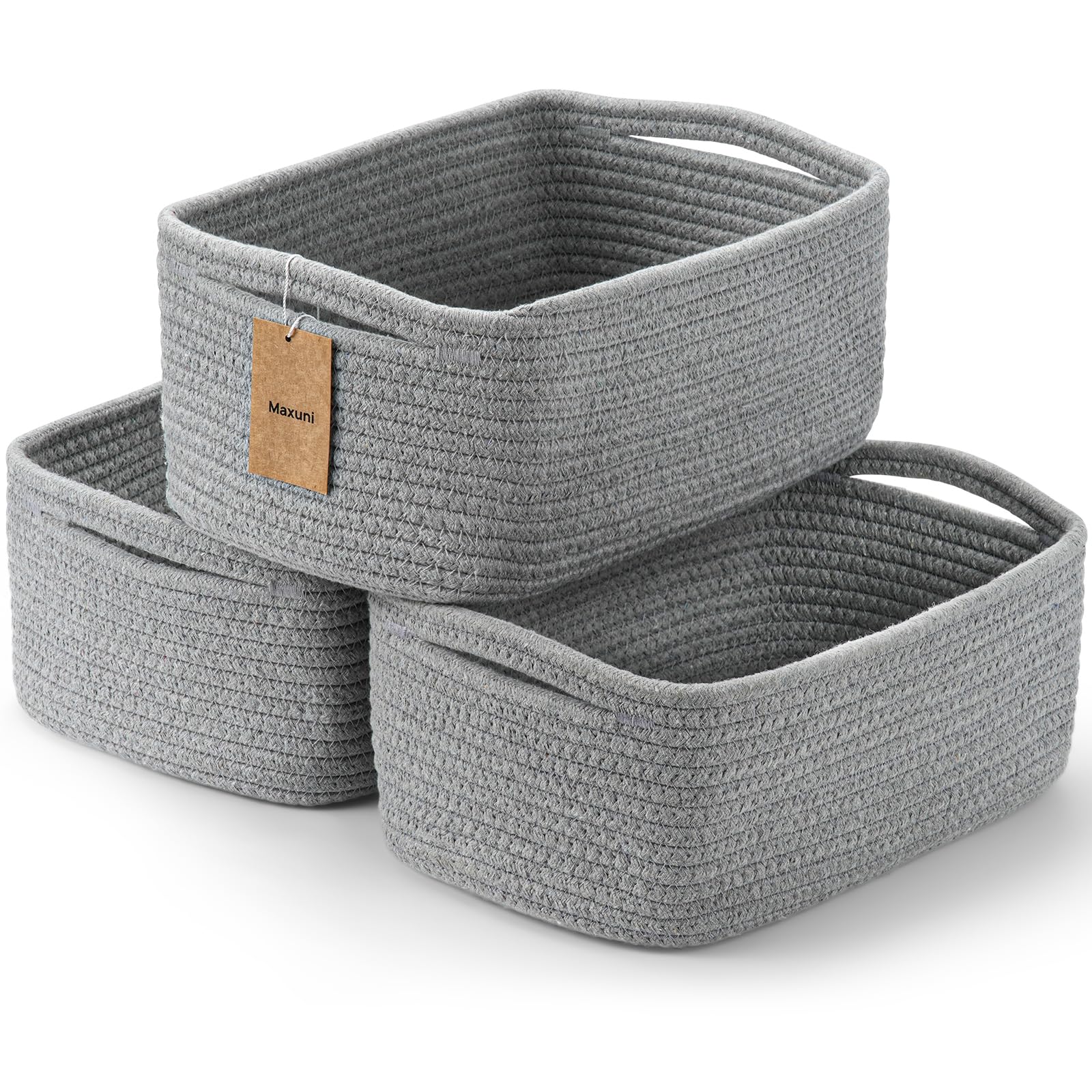 3-Pack Small Storage Baskets for Organizing | Woven Shelf Toy Basket | Rope Baskets for Gifts Empty | Closet Organizer Bins with Handles | Cube Decorative Box | 11.8×7.8×5.1” | Mixed brown