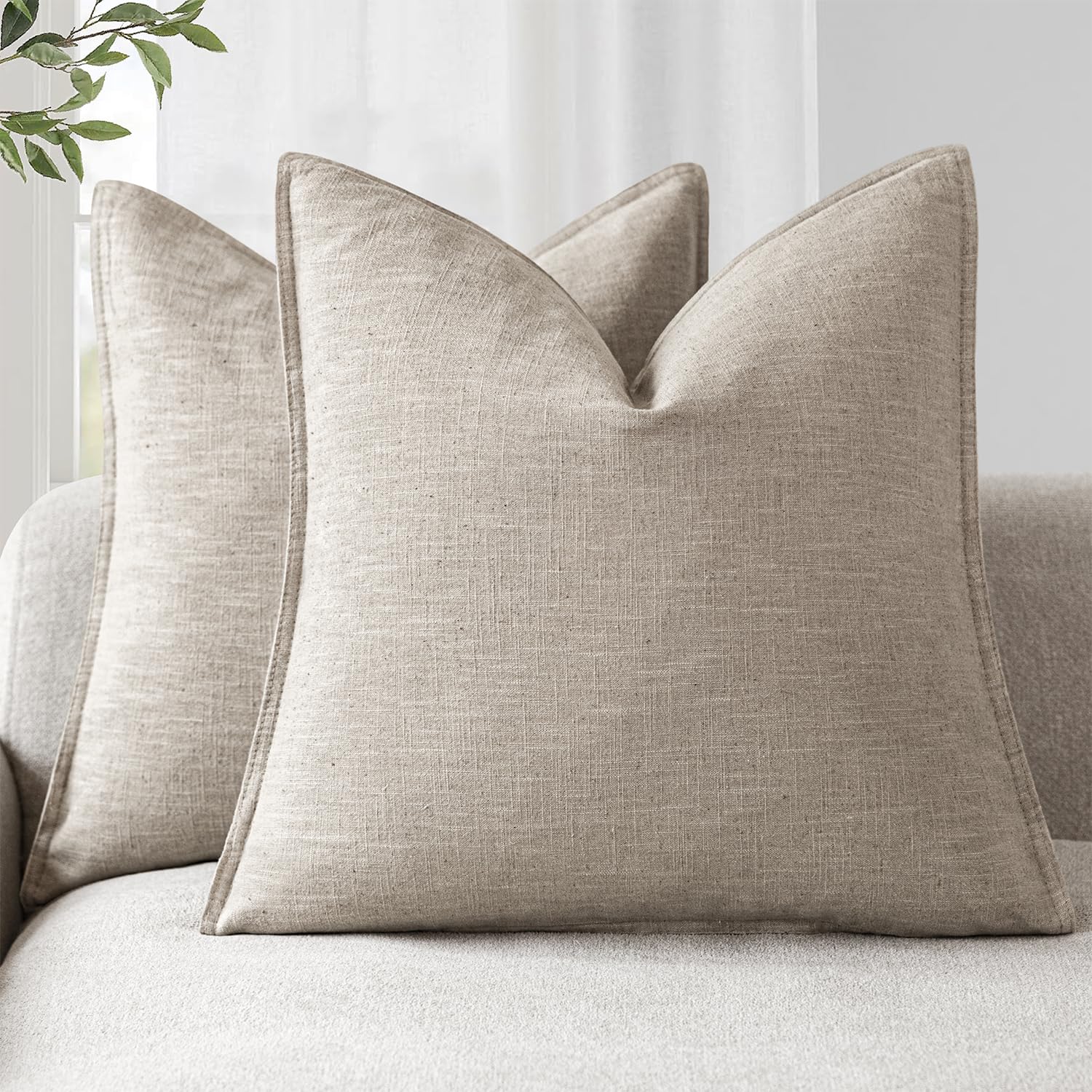 Foindtower Pack of 2, Decorative Linen Soild Throw Pillow Covers Soft Accent Cushion Case Boho Farmhouse Neutral Pillowcase for Couch Sofa Bedroom Living Room Home Decor 20 x 20 Inch Natural Beige