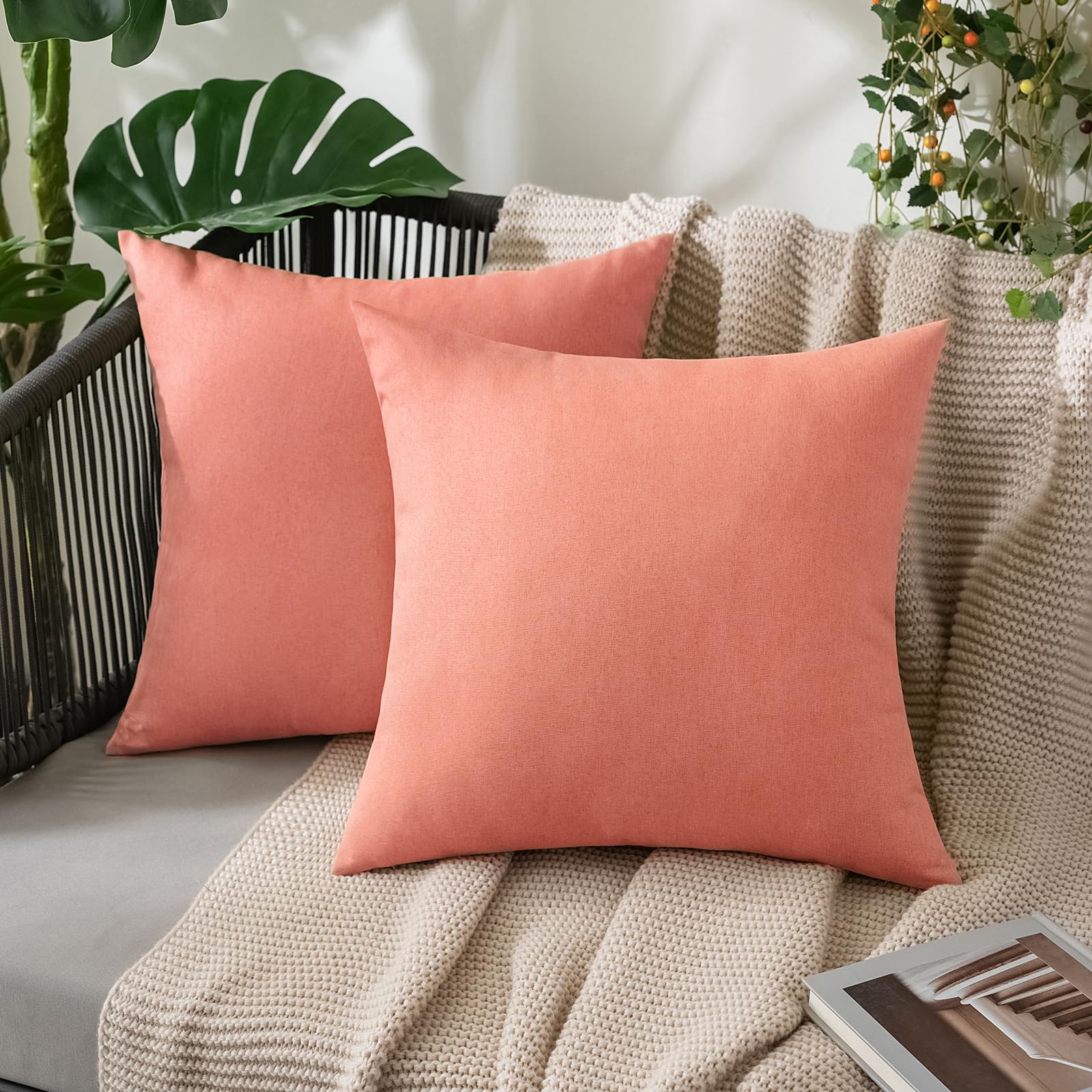 MIULEE Pack of 2 Decorative Outdoor Solid Waterproof Throw Pillow Covers Faux Linen Garden Farmhouse Cushion Cases for Patio Tent Balcony Couch Sofa 18x18 Inch Beige