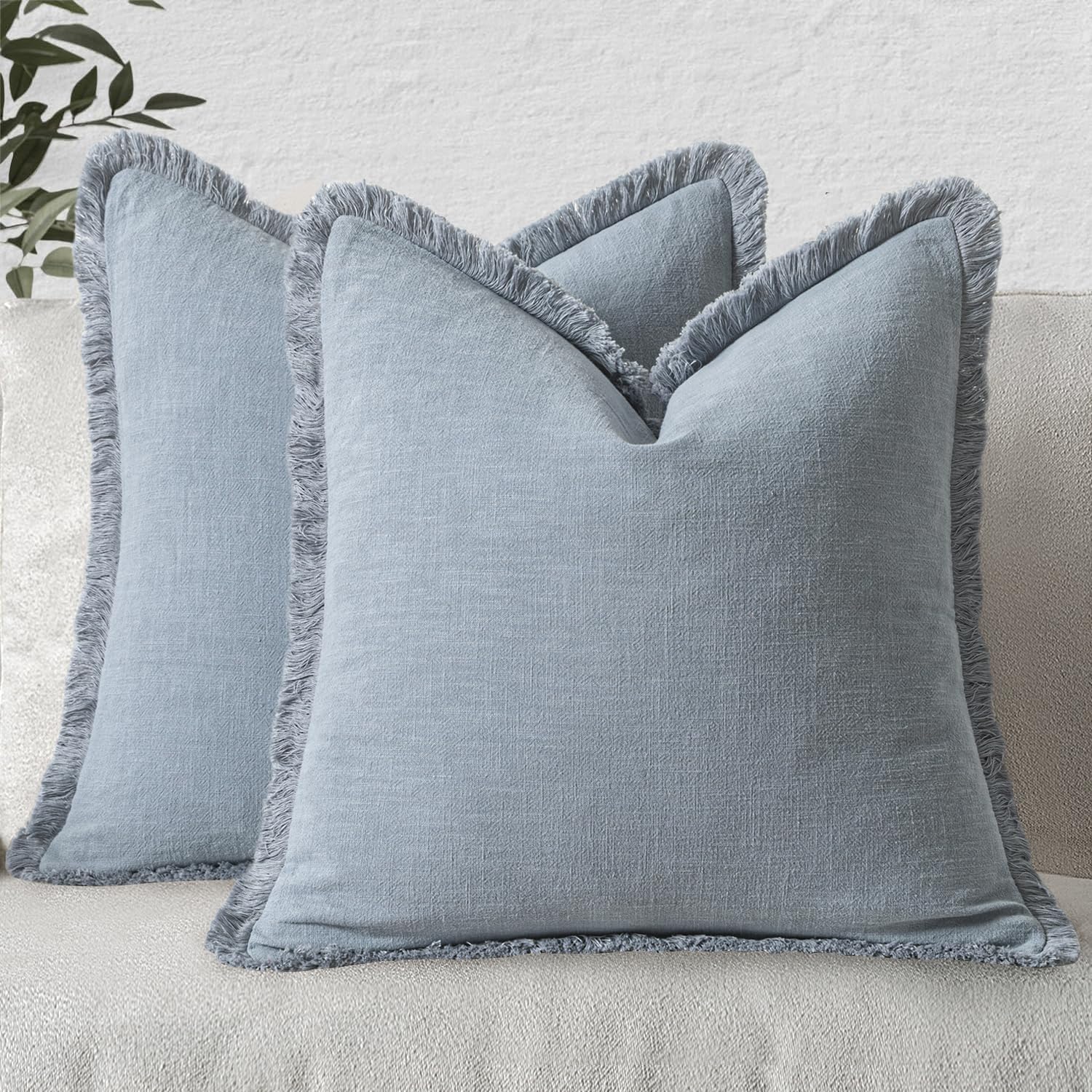 MIULEE Decorative Throw Pillow Covers Neutral Linen Fringe Throw Pillows Set of 2 Natural Beige Boho Farmhouse Cushion Cases with Tassels for Couch Sofa Bed Living Room Spring Decor 18x18 Inch