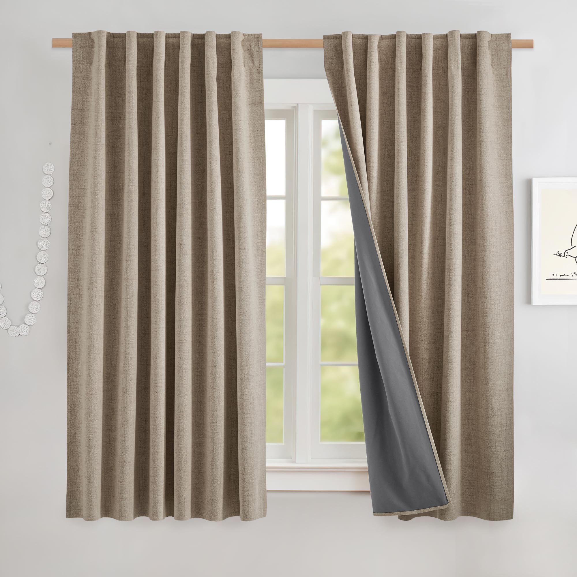 NICETOWN 100% Blackout Linen Curtains 90" Long for Bedroom, Thermal Insulated Living Room Curtains with Liner, Farmhouse Style Linen Blend Window Draperies for Dining Room (2 Panels, 52" W, Natural)