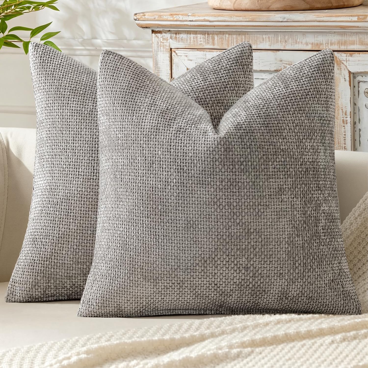 MIULEE Pack of 2 Couch Throw Pillow Covers 18x18 Inch Neutral Beige Modern Boho Accent Decorative Pillow Covers Soft Chenille Farmhouse Cushion Covers for Home Decor Bed Sofa Living Room