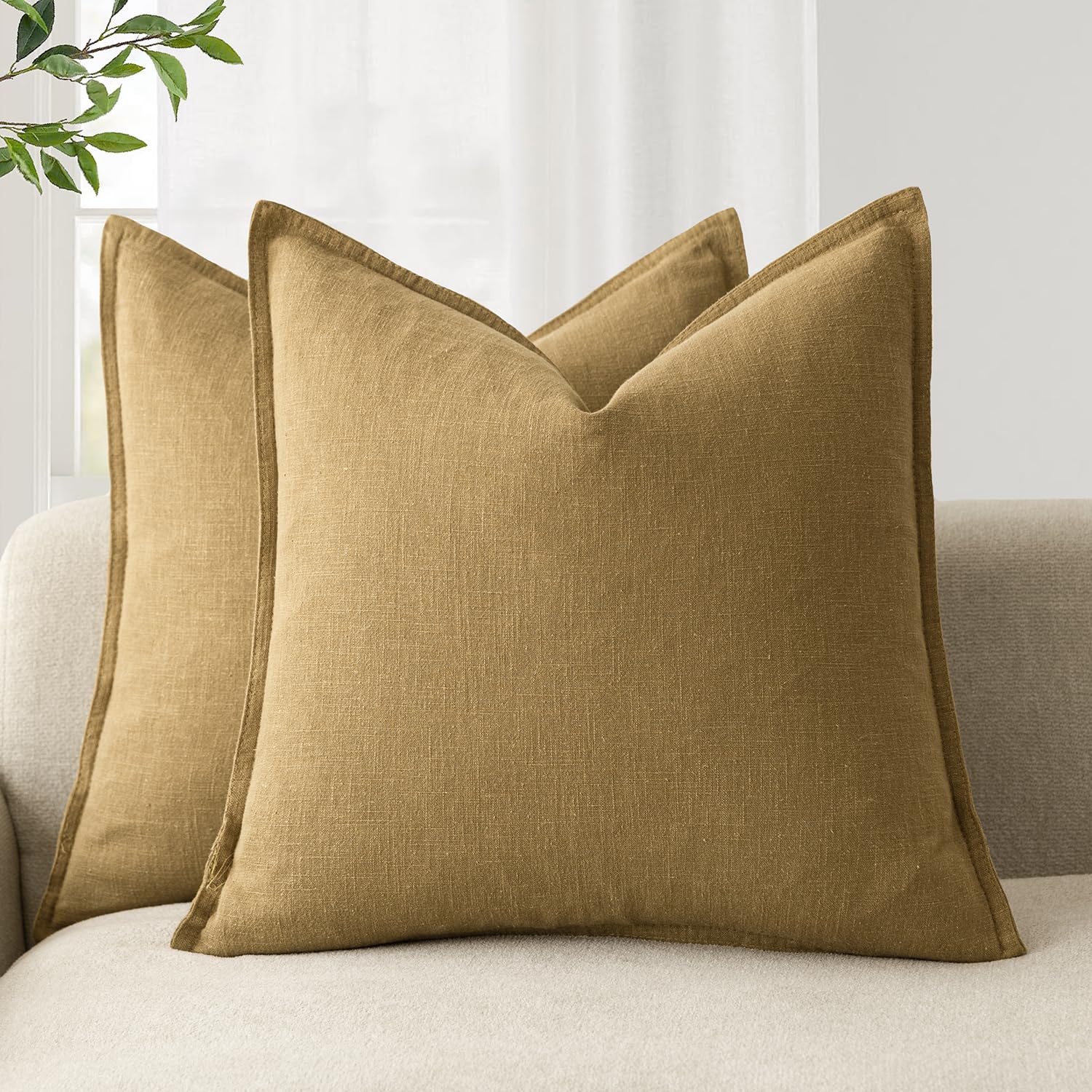 Foindtower Pack of 2, Decorative Linen Soild Throw Pillow Covers Soft Accent Cushion Case Boho Farmhouse Neutral Pillowcase for Couch Sofa Bedroom Living Room Home Decor 20 x 20 Inch Natural Beige