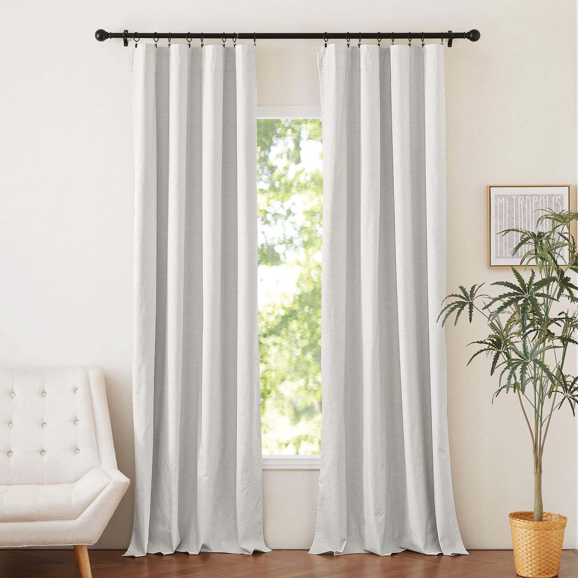 NICETOWN 100% Blackout Linen Curtains 90" Long for Bedroom, Thermal Insulated Living Room Curtains with Liner, Farmhouse Style Linen Blend Window Draperies for Dining Room (2 Panels, 52" W, Natural)