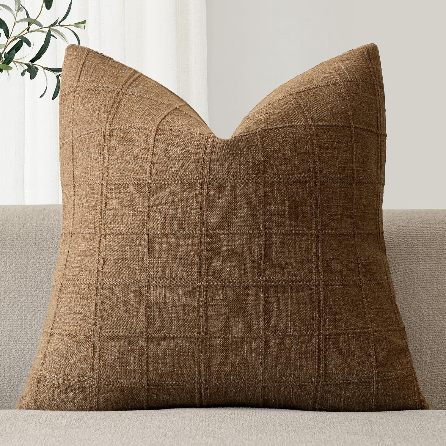 Foindtower Set of 1 Decorative Linen Check Throw Pillow Cover Neutral Farmhouse Lumbar Cushion Cover Modern Boho Home Decor for Sofa Chair Couch Bedroom Living Room,12×20 Inch,Natural Beige