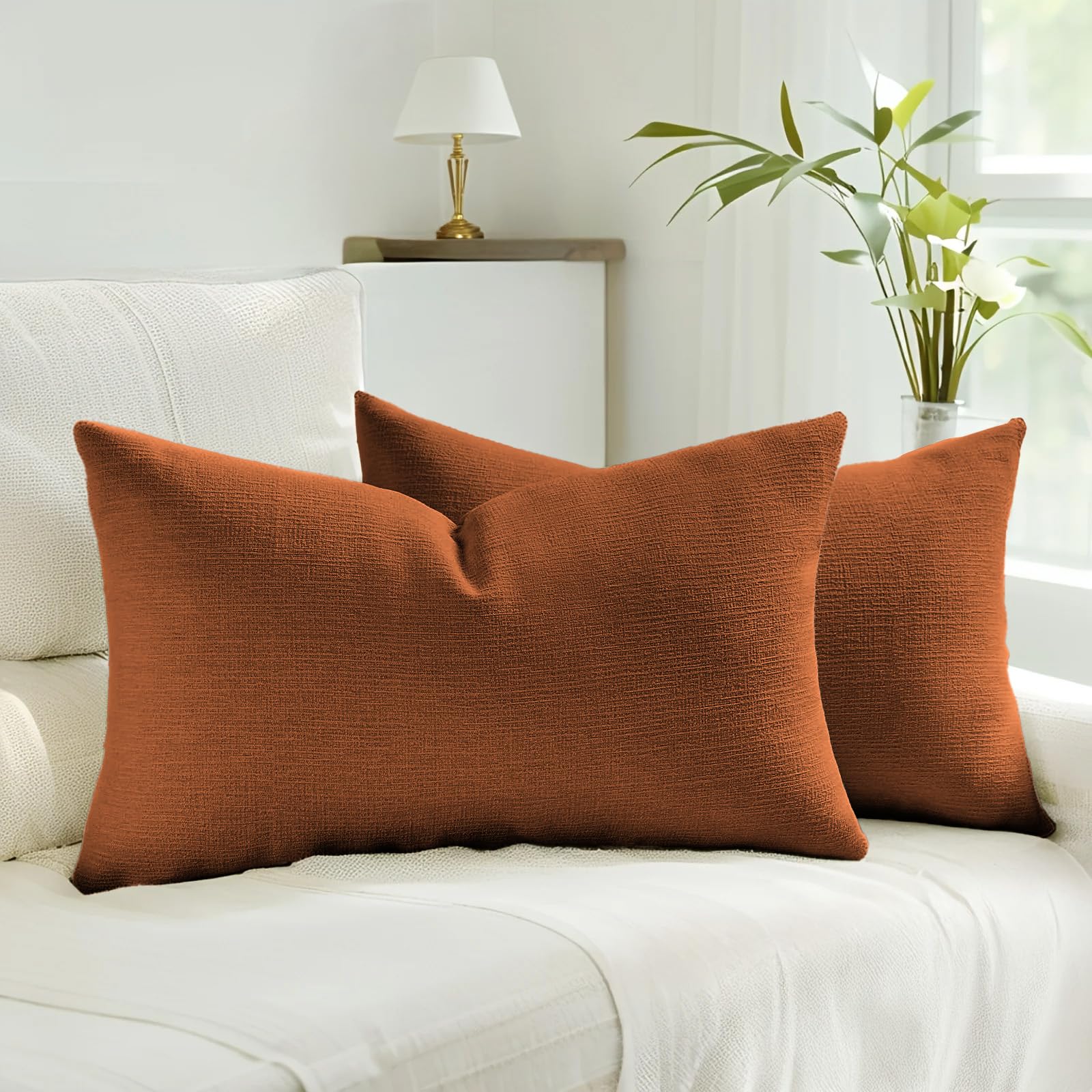 HAUSSY Pack of 2 Linen Pillow Covers 18x18 Inch, Decorative Throw Pillows Soft Boho Neutral Cushion Covers Home Decor Modern Soild Pillow Cases for Couch Living Room Sofa Bed, Coffee (Covers Only)