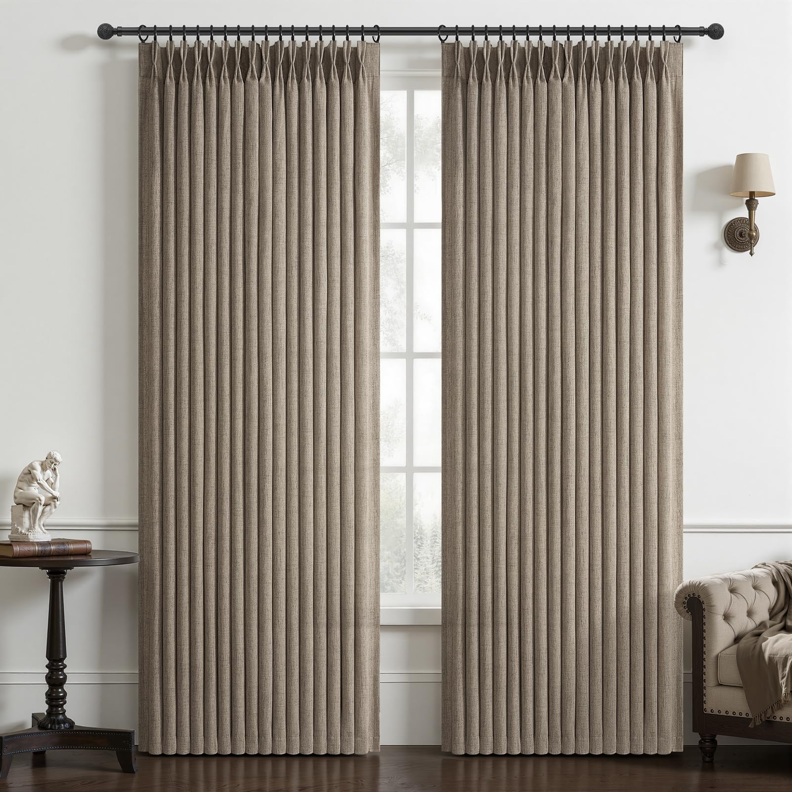 Pinch Pleated Linen 50 Inch Wide Curtains 96 Inches Long for Living Room, Memory Trained Pleat Boho Semi Sheer Birch Light Filtering Privacy Drapes 50x96 Inch Length 2 Panels Set Curtain Cream Ivory