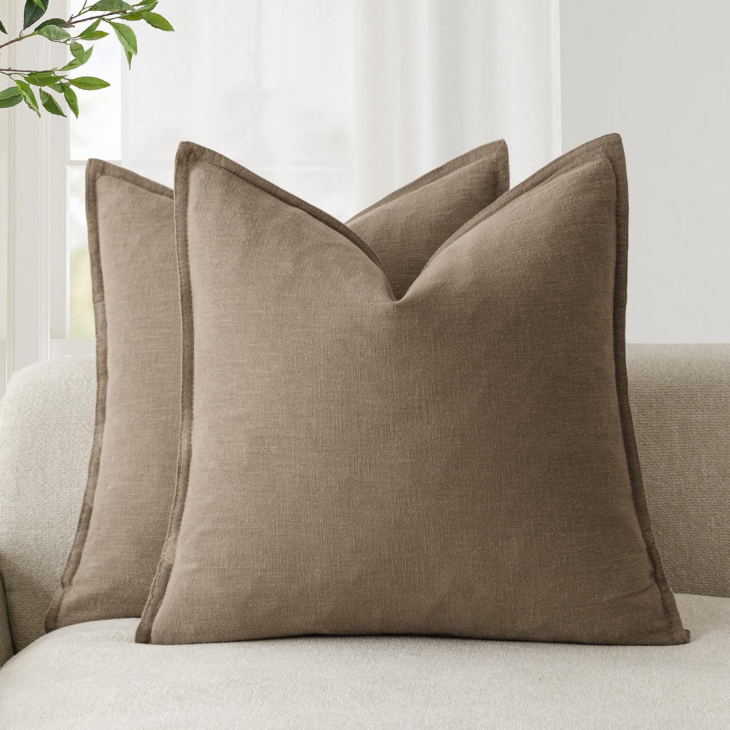 Foindtower Pack of 2, Decorative Linen Soild Throw Pillow Covers Soft Accent Cushion Case Boho Farmhouse Neutral Pillowcase for Couch Sofa Bedroom Living Room Home Decor 20 x 20 Inch Natural Beige