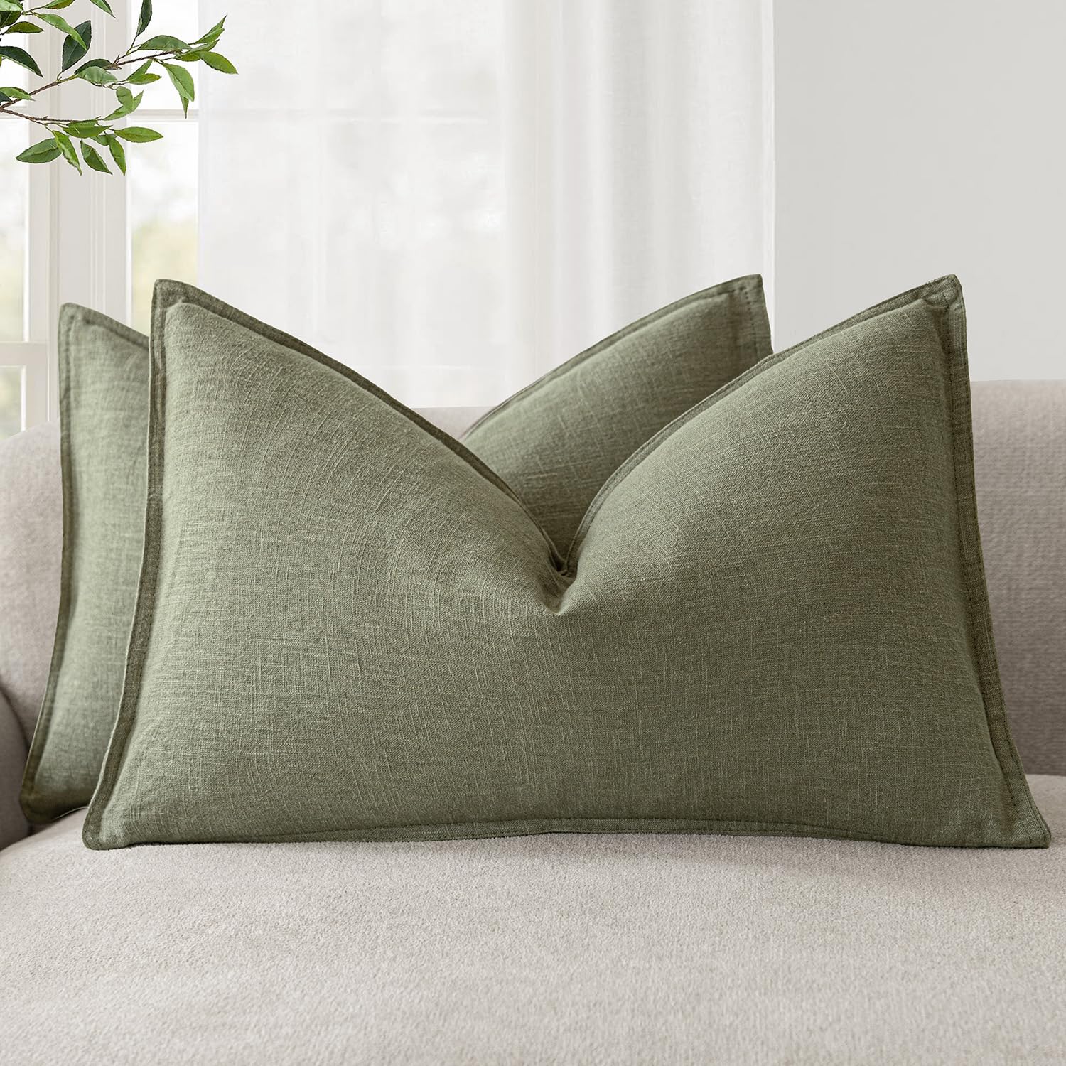 Foindtower Pack of 2, Decorative Linen Soild Throw Pillow Covers Soft Accent Cushion Case Boho Farmhouse Neutral Pillowcase for Couch Sofa Bedroom Living Room Home Decor 18 x 18 Inch Natural Beige