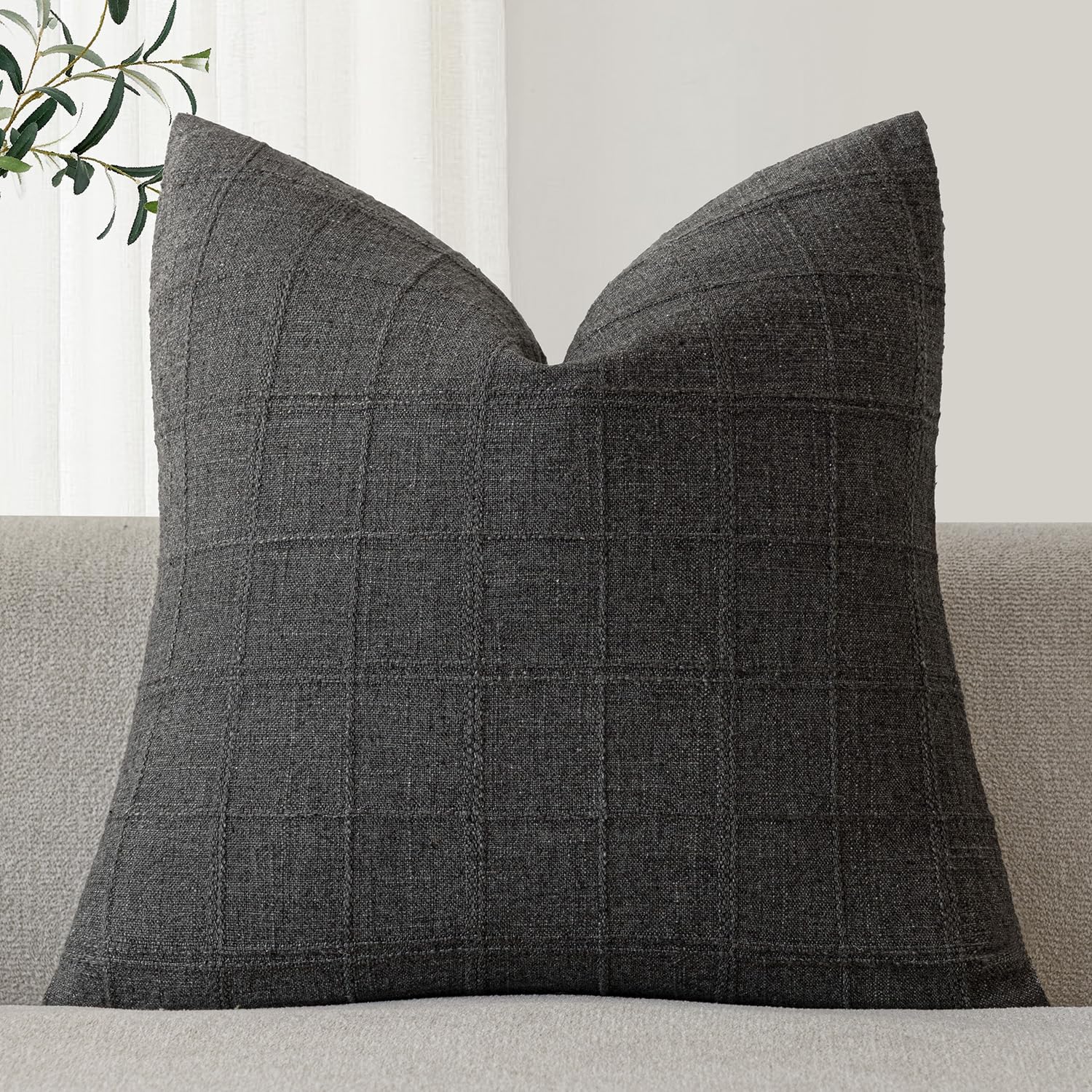 Foindtower Set of 1 Decorative Linen Check Throw Pillow Cover Neutral Farmhouse Lumbar Cushion Cover Modern Boho Home Decor for Sofa Chair Couch Bedroom Living Room,12×20 Inch,Natural Beige
