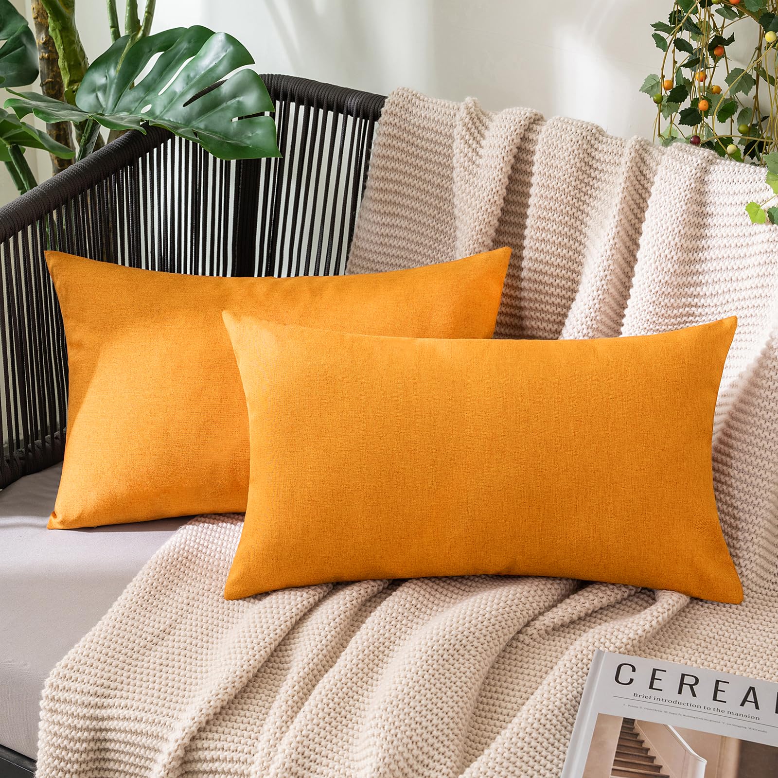 MIULEE Pack of 2 Decorative Outdoor Solid Waterproof Throw Pillow Covers Faux Linen Garden Farmhouse Cushion Cases for Patio Tent Balcony Couch Sofa 18x18 Inch Beige