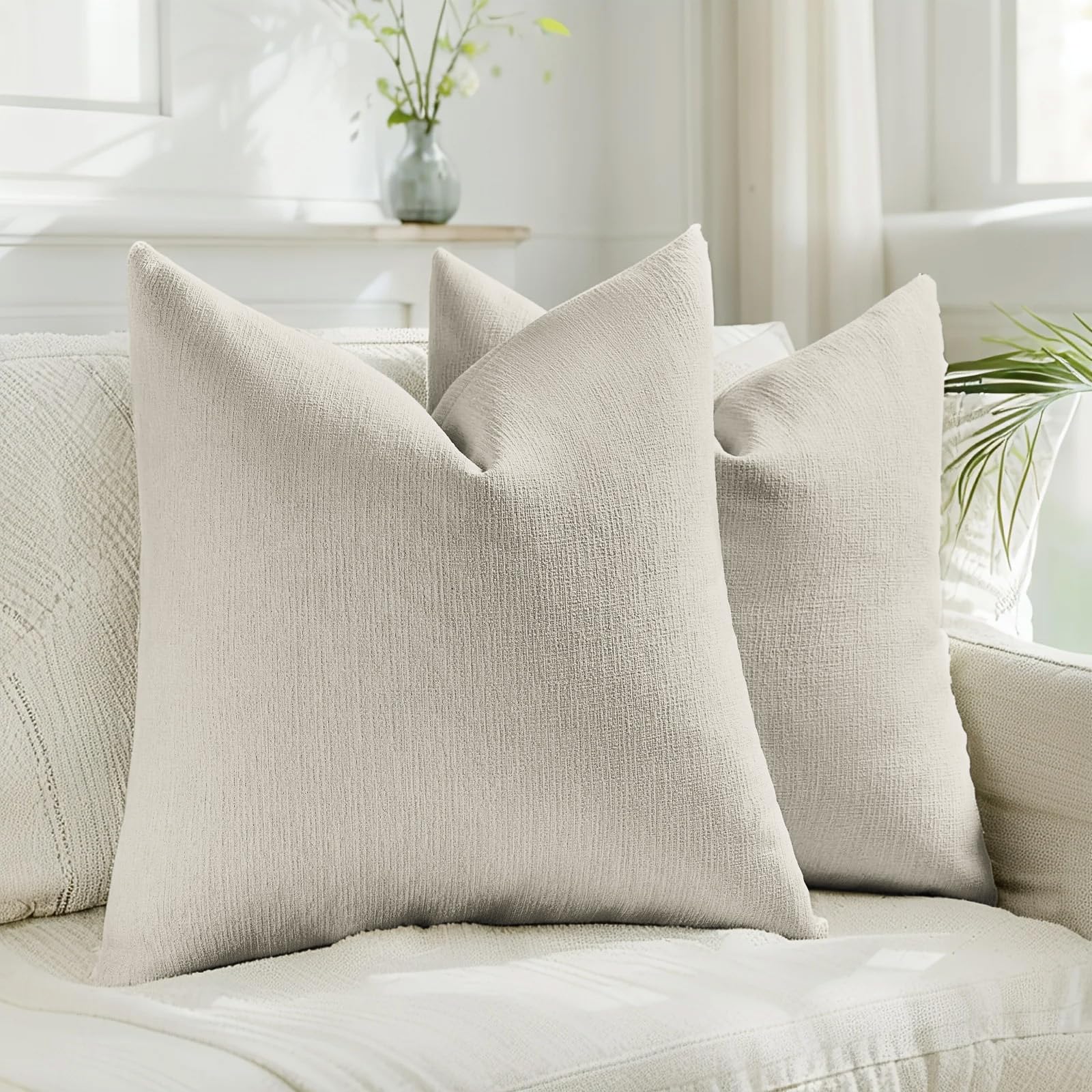 HAUSSY Pack of 2 Linen Pillow Covers 18x18 Inch, Decorative Throw Pillows Soft Boho Neutral Cushion Covers Home Decor Modern Soild Pillow Cases for Couch Living Room Sofa Bed, Coffee (Covers Only)