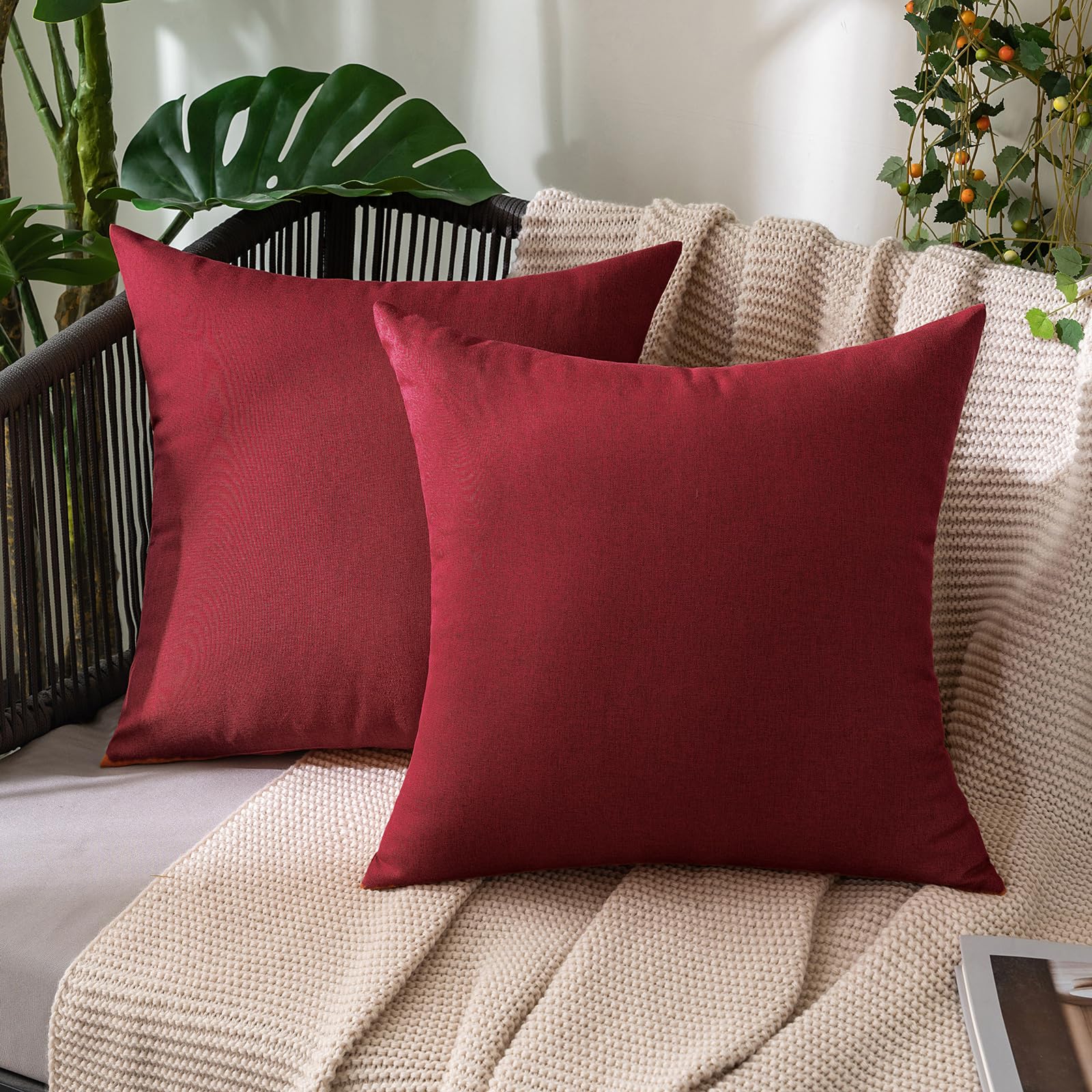 MIULEE Pack of 2 Decorative Outdoor Solid Waterproof Throw Pillow Covers Faux Linen Garden Farmhouse Cushion Cases for Patio Tent Balcony Couch Sofa 18x18 Inch Beige