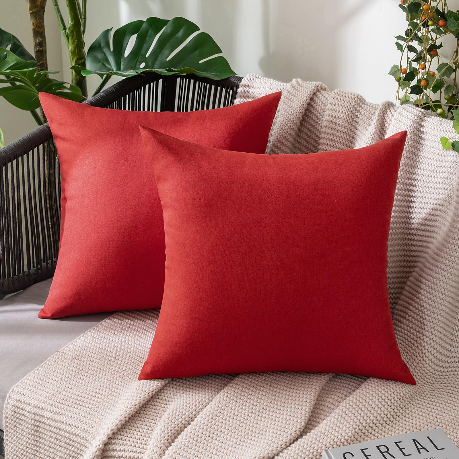 MIULEE Pack of 2 Decorative Outdoor Solid Waterproof Throw Pillow Covers Faux Linen Garden Farmhouse Cushion Cases for Patio Tent Balcony Couch Sofa 18x18 Inch Beige