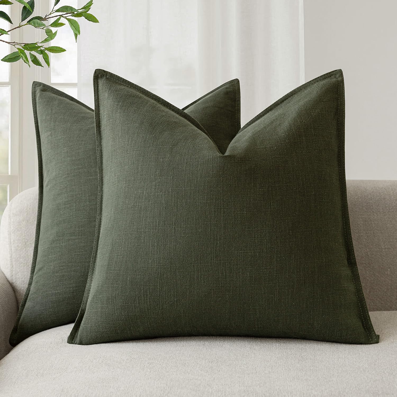 Foindtower Pack of 2, Decorative Linen Soild Throw Pillow Covers Soft Accent Cushion Case Boho Farmhouse Neutral Pillowcase for Couch Sofa Bedroom Living Room Home Decor 18 x 18 Inch Natural Beige