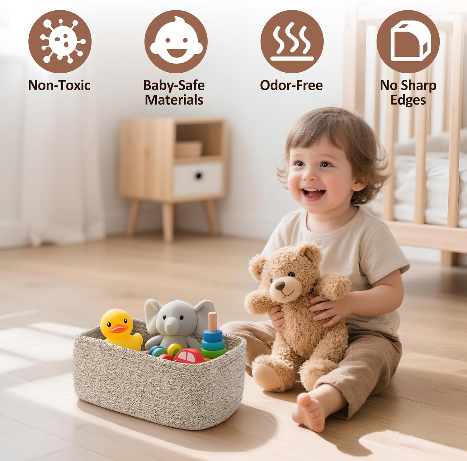 5-Pack Small Woven Rope Storage Baskets – 2 Sizes Organizer Bins for Closet, Shelf, Bookshelf, Nursery, Changing Table, Fabric Cube Boxes, Rectangular Shallow Bins for Bathroom, Toy & Home