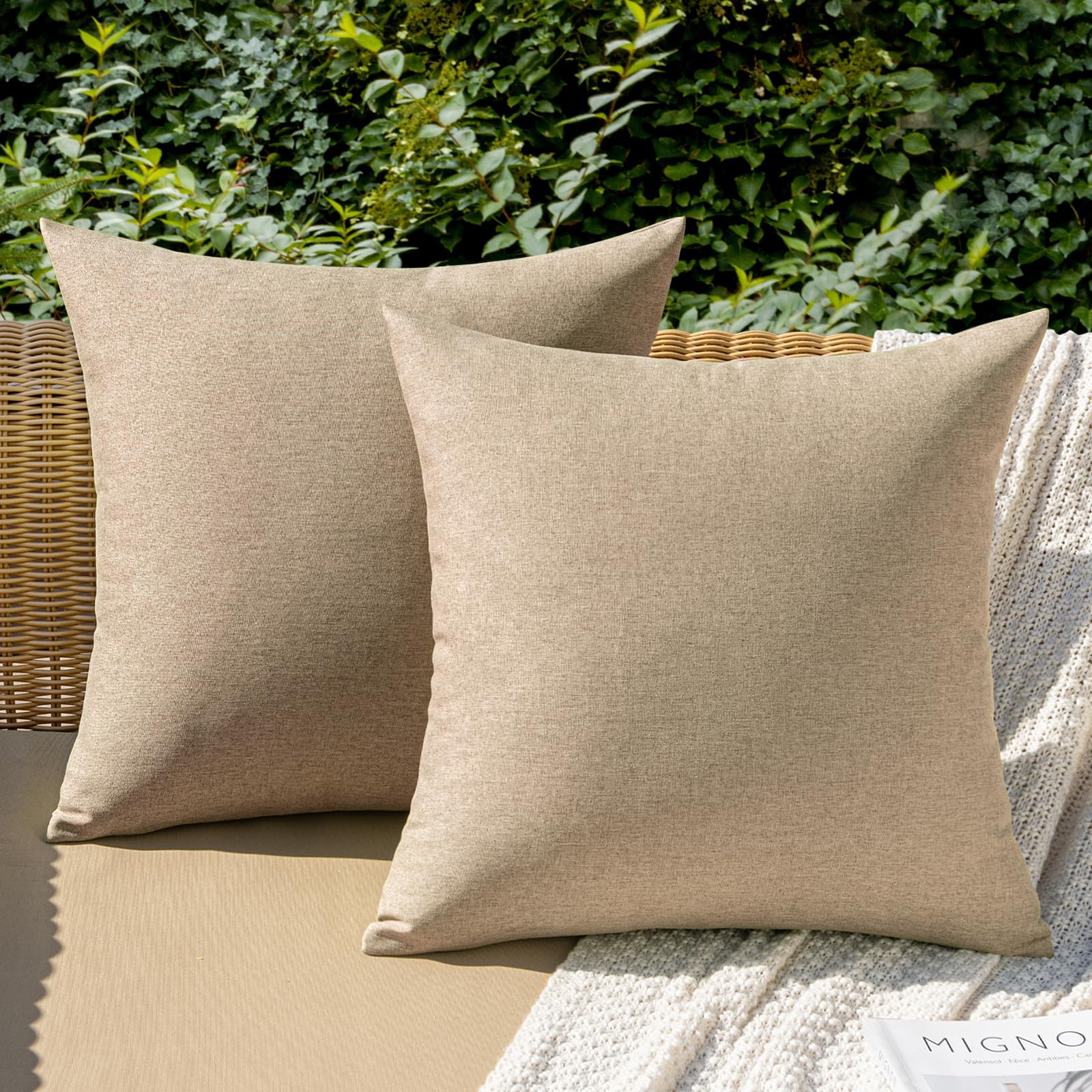 MIULEE Pack of 2 Decorative Outdoor Solid Waterproof Throw Pillow Covers Faux Linen Garden Farmhouse Cushion Cases for Patio Tent Balcony Couch Sofa 18x18 Inch Beige