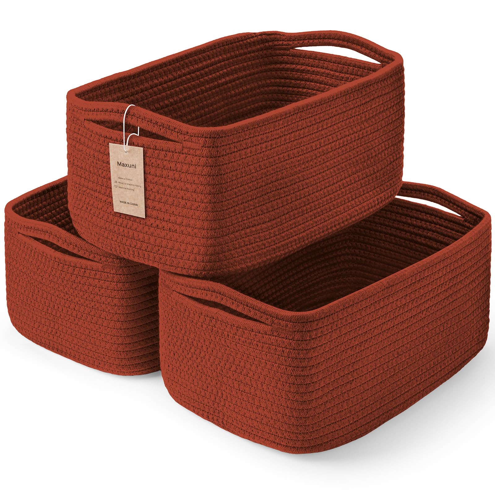 3-Pack Small Storage Baskets for Organizing | Woven Shelf Toy Basket | Rope Baskets for Gifts Empty | Closet Organizer Bins with Handles | Cube Decorative Box | 11.8×7.8×5.1” | Mixed brown