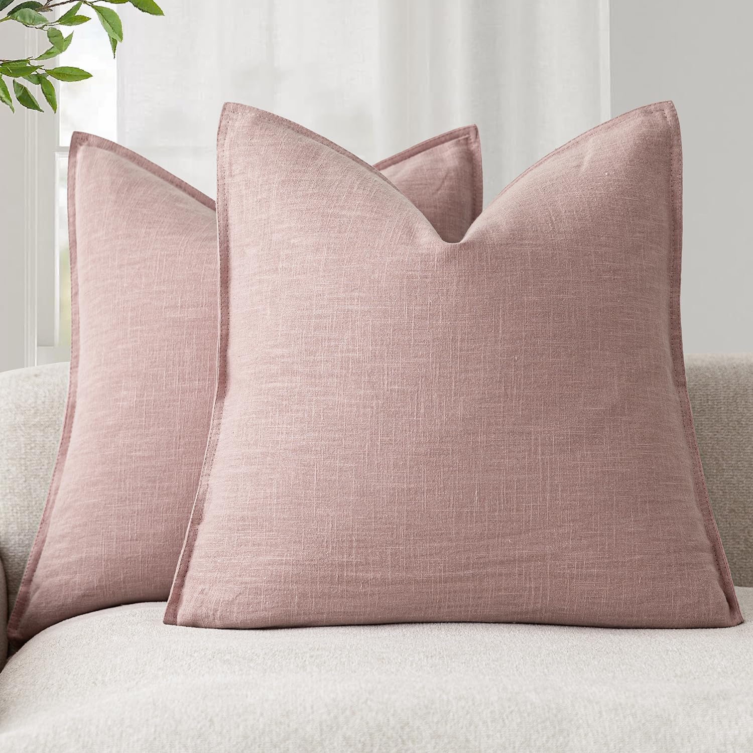 Foindtower Pack of 2, Decorative Linen Soild Throw Pillow Covers Soft Accent Cushion Case Boho Farmhouse Neutral Pillowcase for Couch Sofa Bedroom Living Room Home Decor 18 x 18 Inch Natural Beige