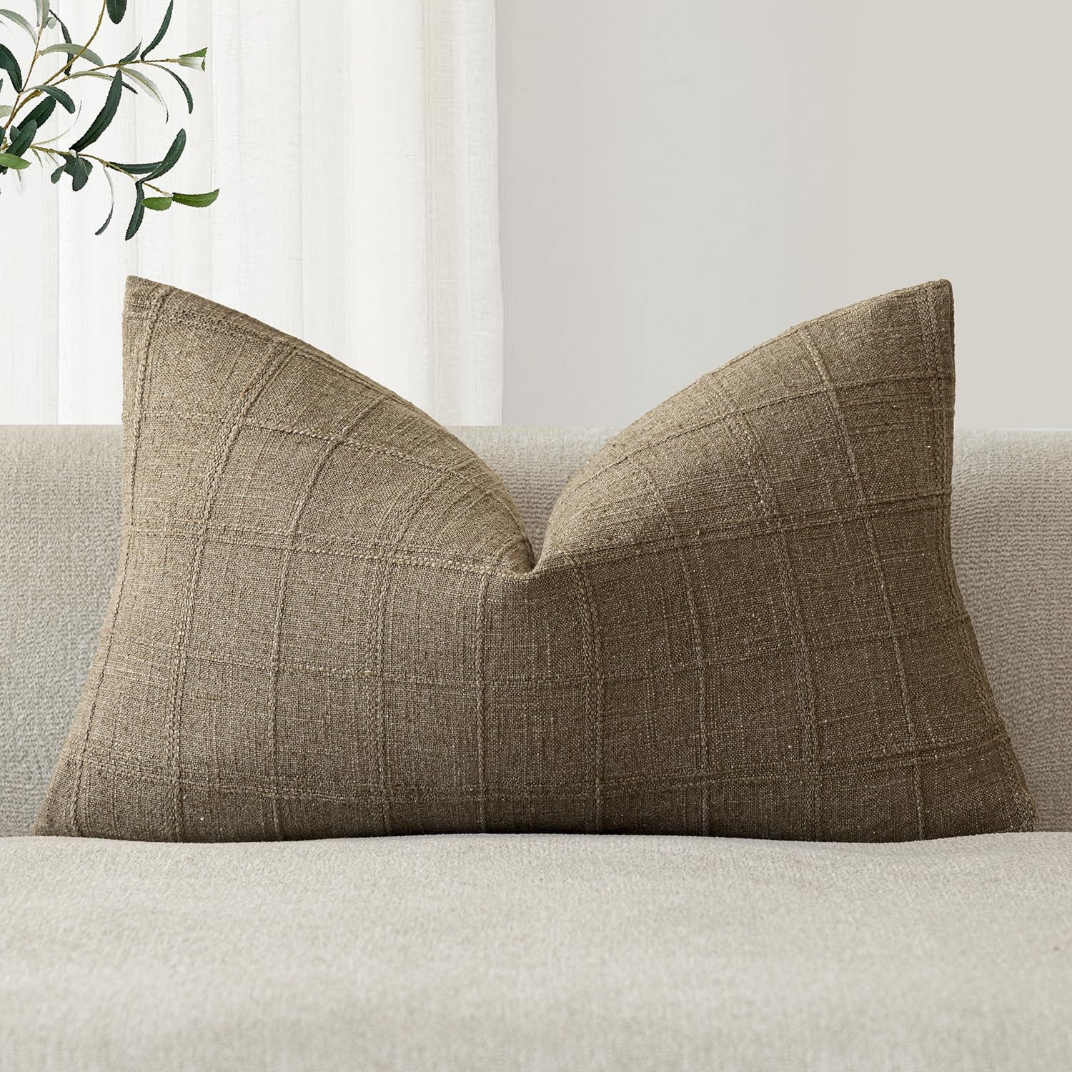 Foindtower Set of 1 Decorative Linen Check Throw Pillow Cover Neutral Farmhouse Lumbar Cushion Cover Modern Boho Home Decor for Sofa Chair Couch Bedroom Living Room,12×20 Inch,Natural Beige