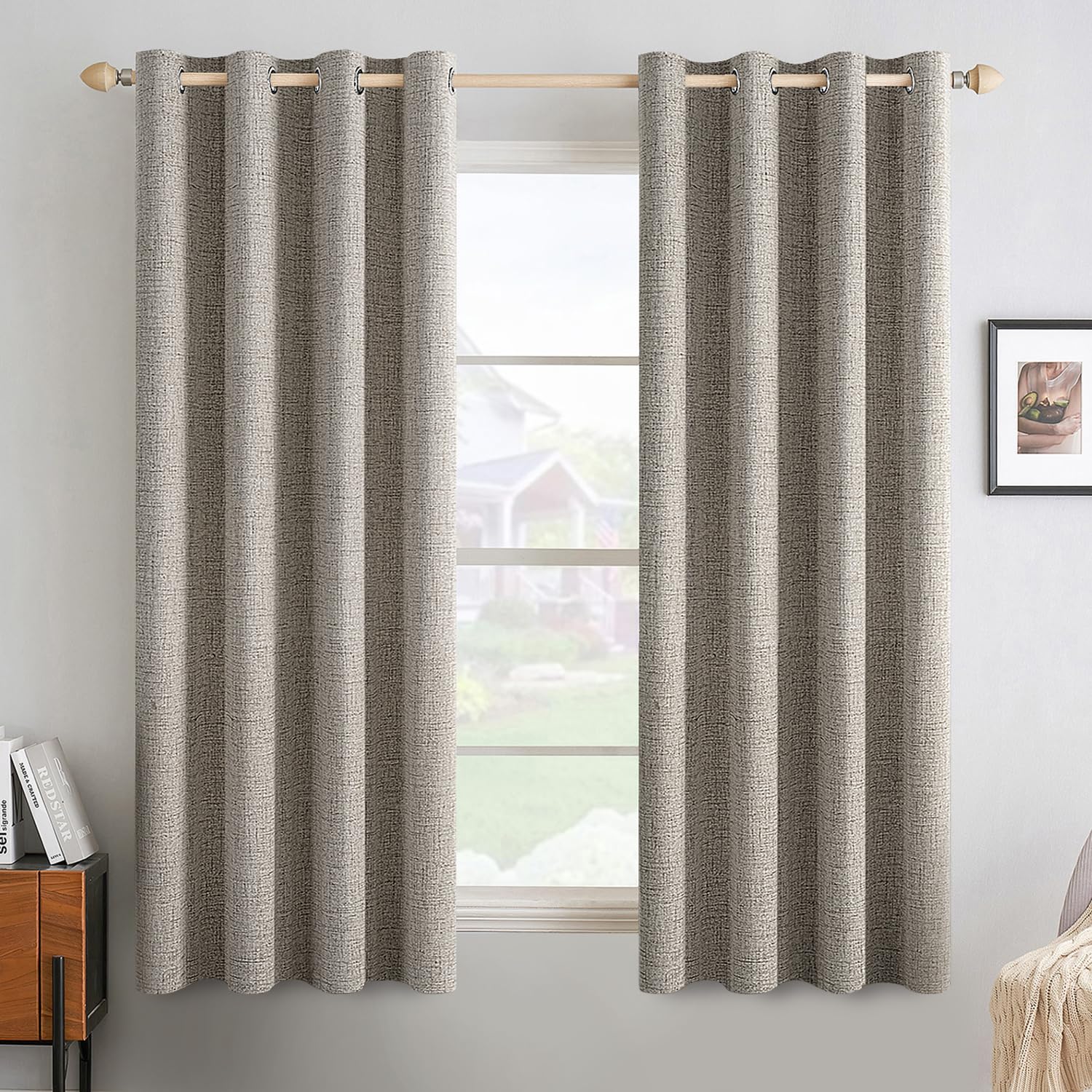 MIULEE 100% Blackout Linen Textured Curtains for Bedroom Solid Thermal Insulated Natural Beige Grommet Room Darkening Curtains & Drapes Luxury Decor for Living Room Nursery 52 x 84 Inch (2 Panels)