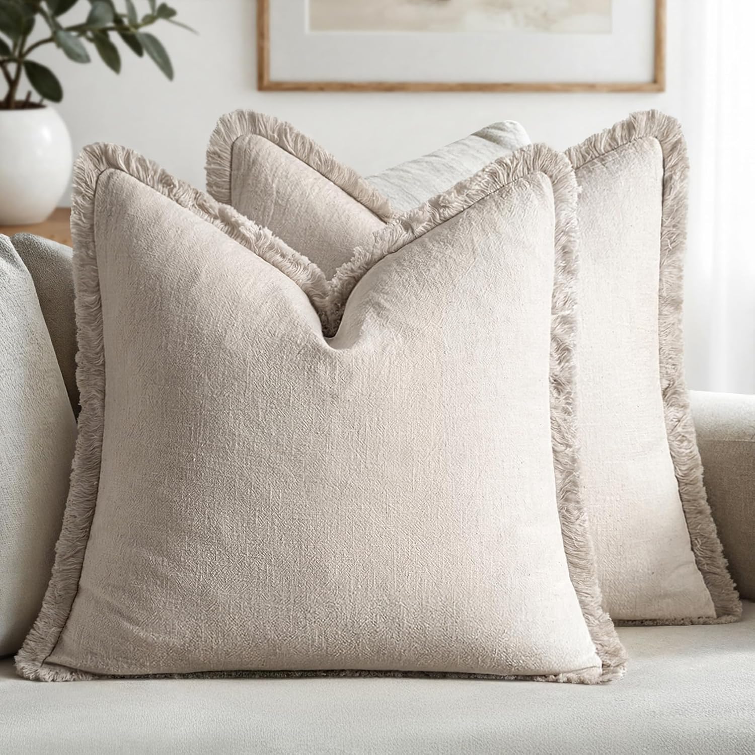 MIULEE Decorative Throw Pillow Covers Neutral Linen Fringe Throw Pillows Set of 2 Natural Beige Boho Farmhouse Cushion Cases with Tassels for Couch Sofa Bed Living Room Spring Decor 18x18 Inch