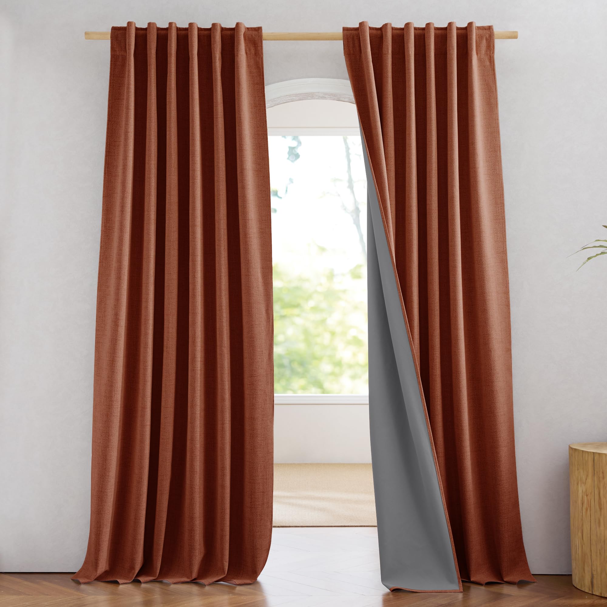 NICETOWN 100% Blackout Linen Curtains 90" Long for Bedroom, Thermal Insulated Living Room Curtains with Liner, Farmhouse Style Linen Blend Window Draperies for Dining Room (2 Panels, 52" W, Natural)
