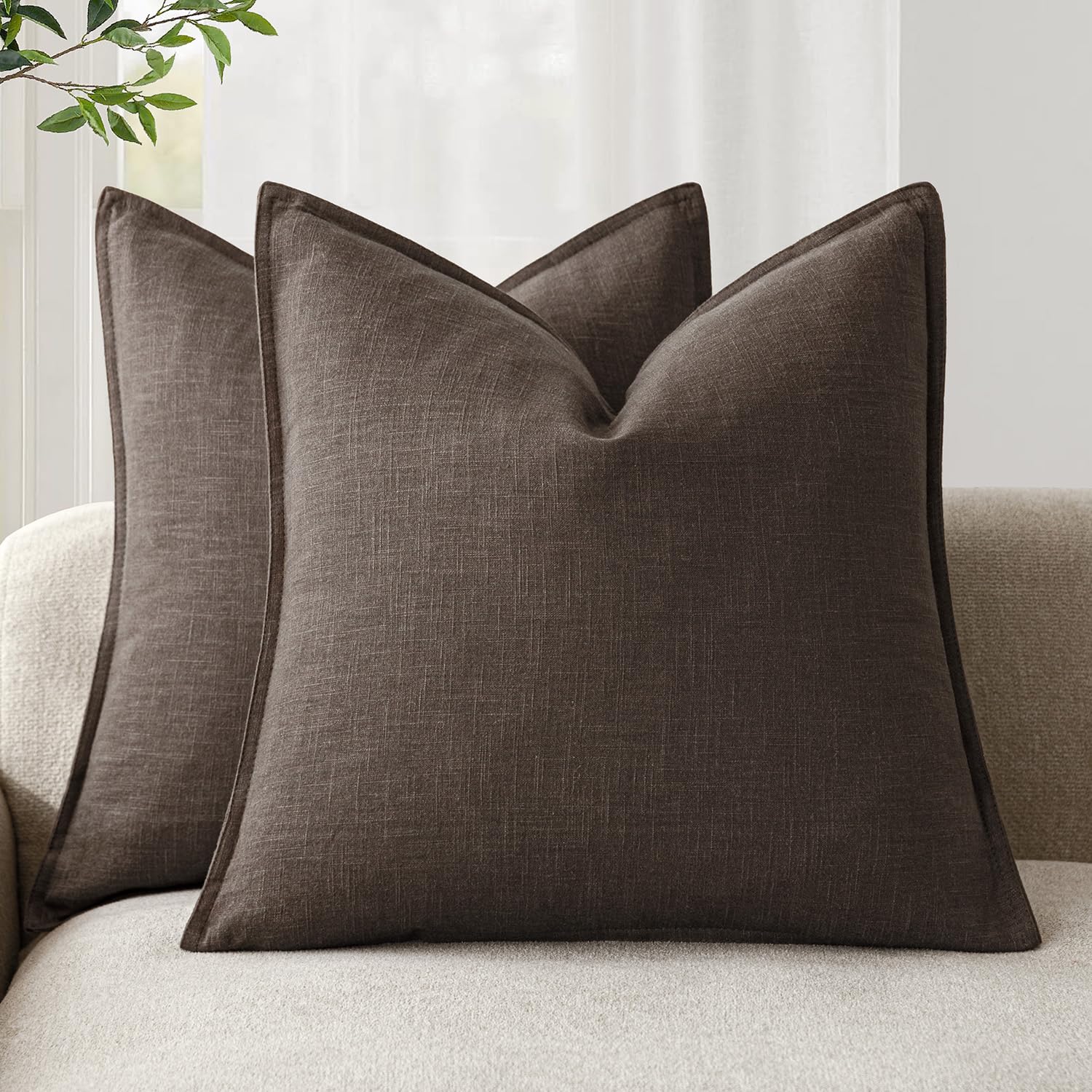 Foindtower Pack of 2, Decorative Linen Soild Throw Pillow Covers Soft Accent Cushion Case Boho Farmhouse Neutral Pillowcase for Couch Sofa Bedroom Living Room Home Decor 18 x 18 Inch Natural Beige