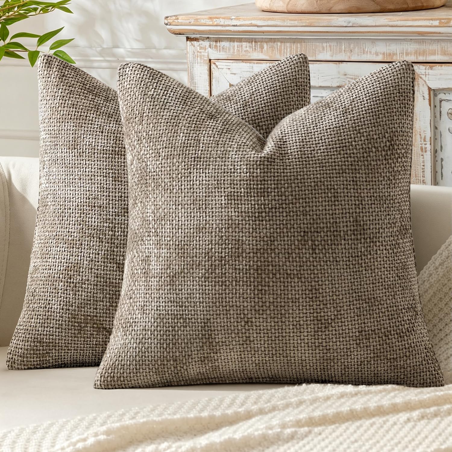 MIULEE Pack of 2 Couch Throw Pillow Covers 18x18 Inch Neutral Beige Modern Boho Accent Decorative Pillow Covers Soft Chenille Farmhouse Cushion Covers for Home Decor Bed Sofa Living Room