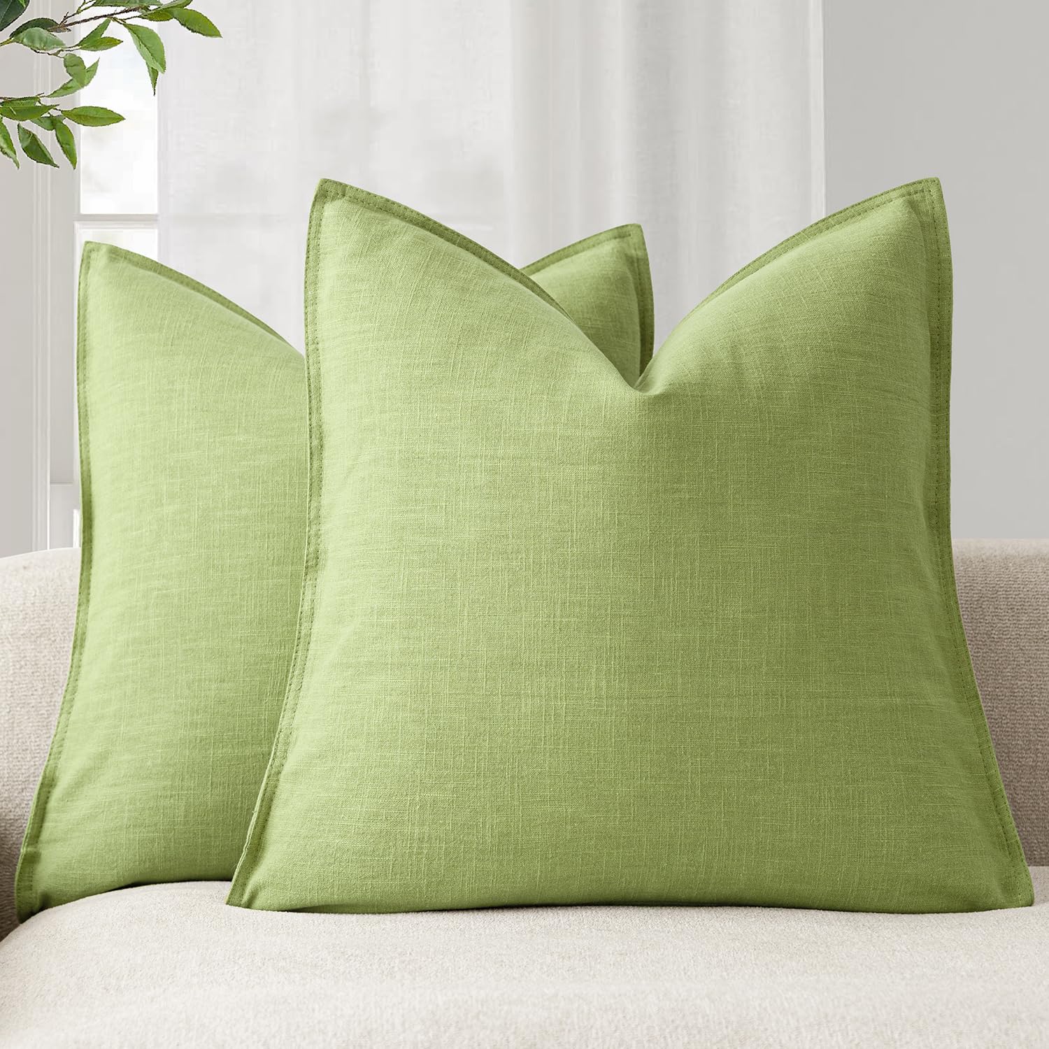 Foindtower Pack of 2, Decorative Linen Soild Throw Pillow Covers Soft Accent Cushion Case Boho Farmhouse Neutral Pillowcase for Couch Sofa Bedroom Living Room Home Decor 20 x 20 Inch Natural Beige