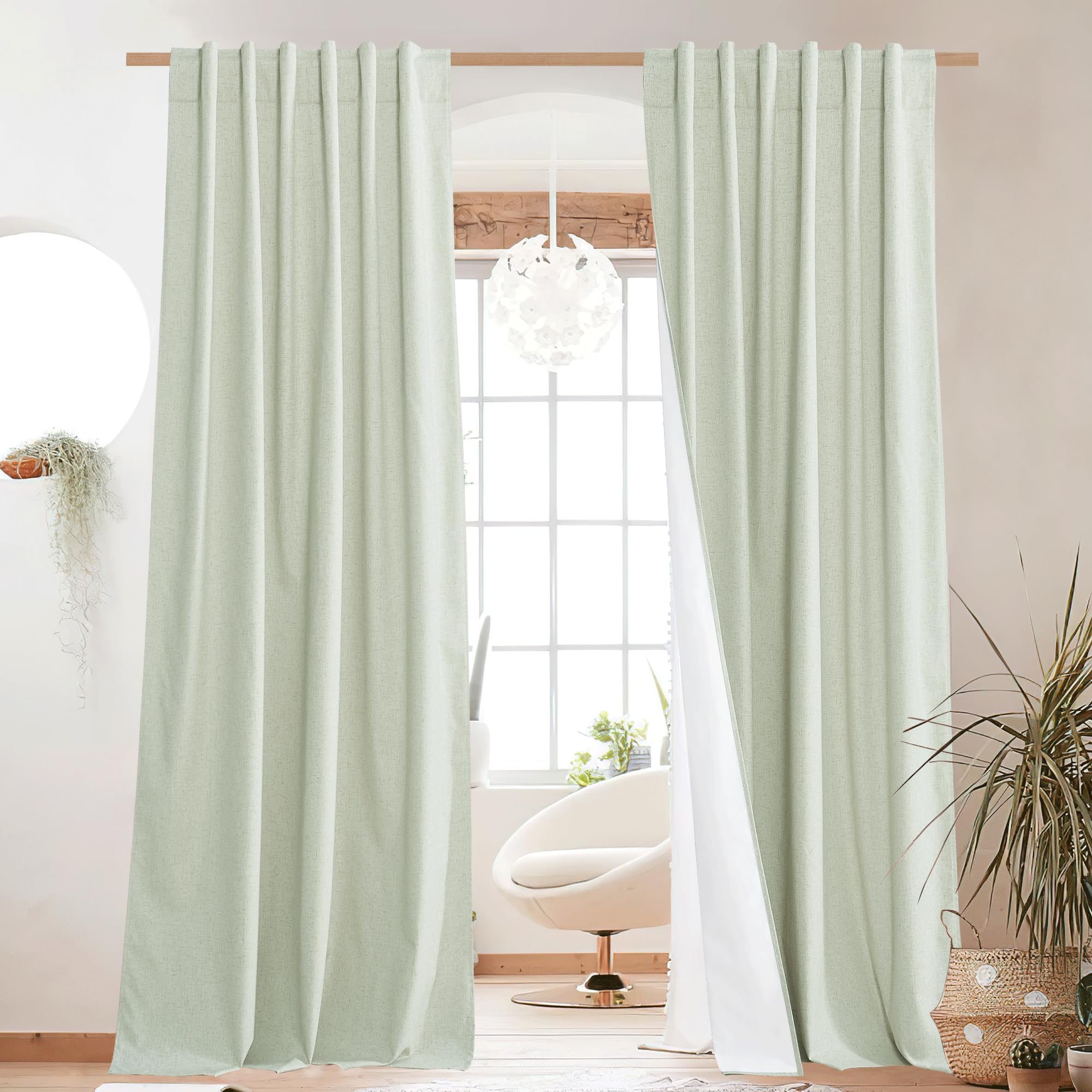 NICETOWN 100% Blackout Linen Curtains 90" Long for Bedroom, Thermal Insulated Living Room Curtains with Liner, Farmhouse Style Linen Blend Window Draperies for Dining Room (2 Panels, 52" W, Natural)