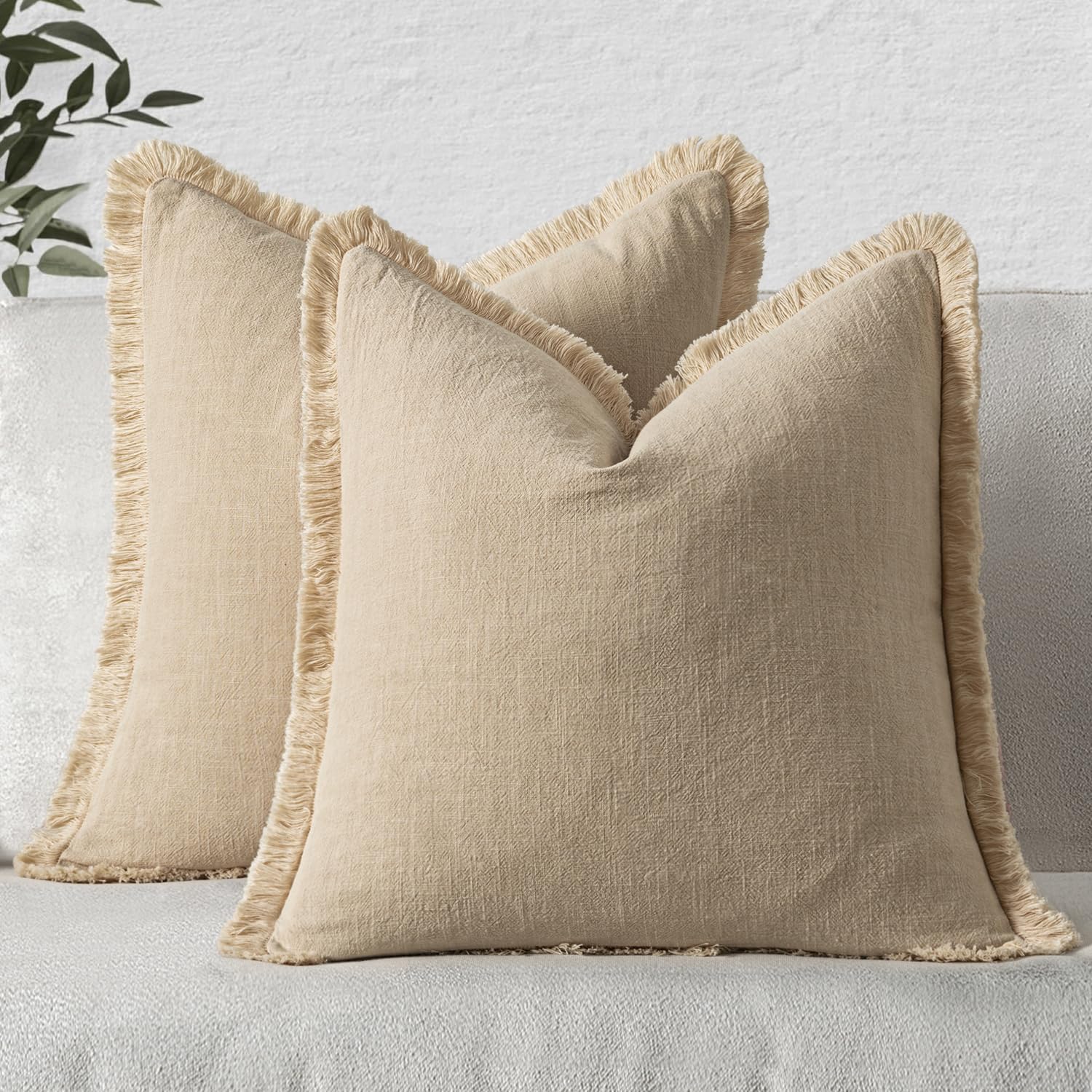 MIULEE Decorative Throw Pillow Covers Neutral Linen Fringe Throw Pillows Set of 2 Natural Beige Boho Farmhouse Cushion Cases with Tassels for Couch Sofa Bed Living Room Spring Decor 18x18 Inch