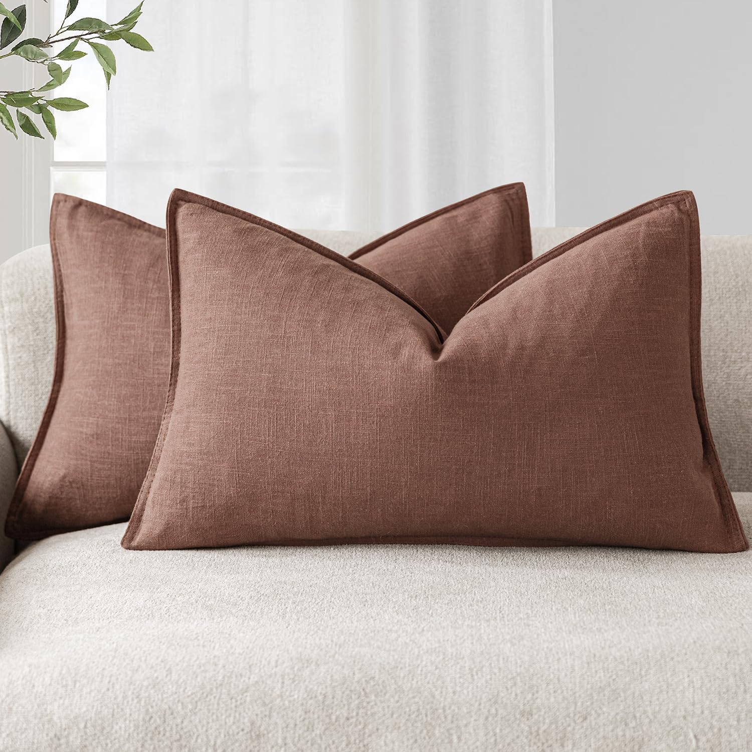 Foindtower Pack of 2, Decorative Linen Soild Throw Pillow Covers Soft Accent Cushion Case Boho Farmhouse Neutral Pillowcase for Couch Sofa Bedroom Living Room Home Decor 18 x 18 Inch Natural Beige