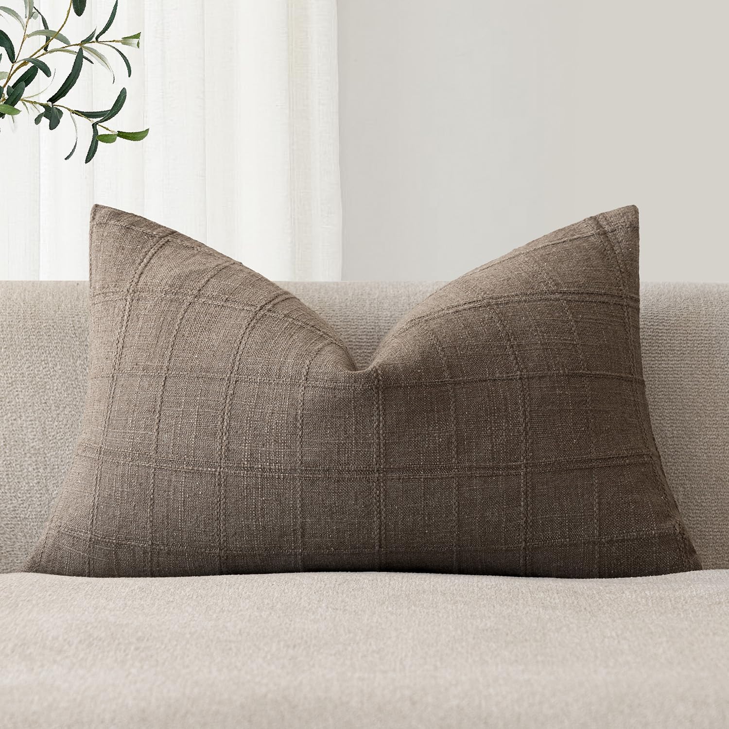 Foindtower Set of 1 Decorative Linen Check Throw Pillow Cover Neutral Farmhouse Lumbar Cushion Cover Modern Boho Home Decor for Sofa Chair Couch Bedroom Living Room,12×20 Inch,Natural Beige