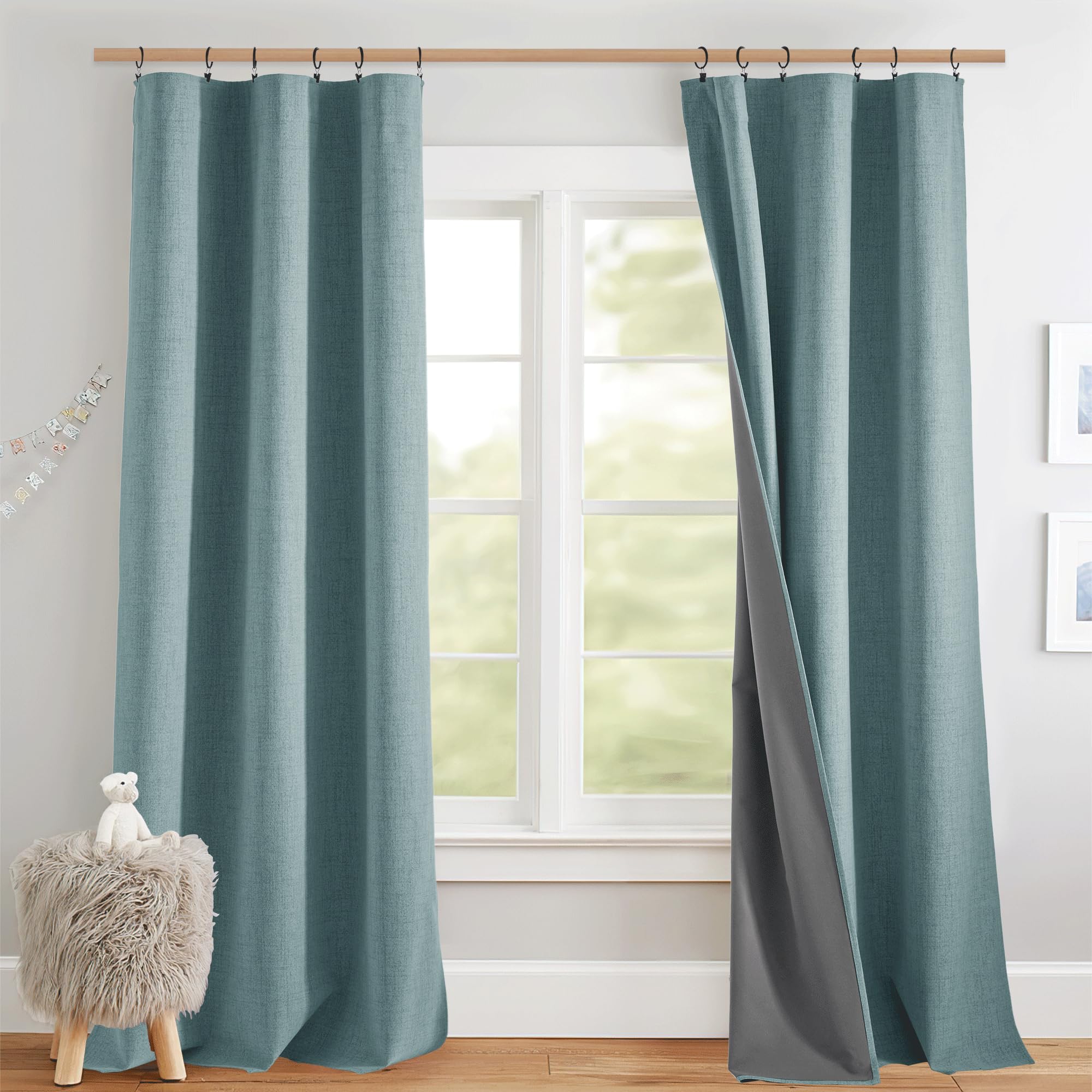 NICETOWN 100% Blackout Linen Curtains 90" Long for Bedroom, Thermal Insulated Living Room Curtains with Liner, Farmhouse Style Linen Blend Window Draperies for Dining Room (2 Panels, 52" W, Natural)