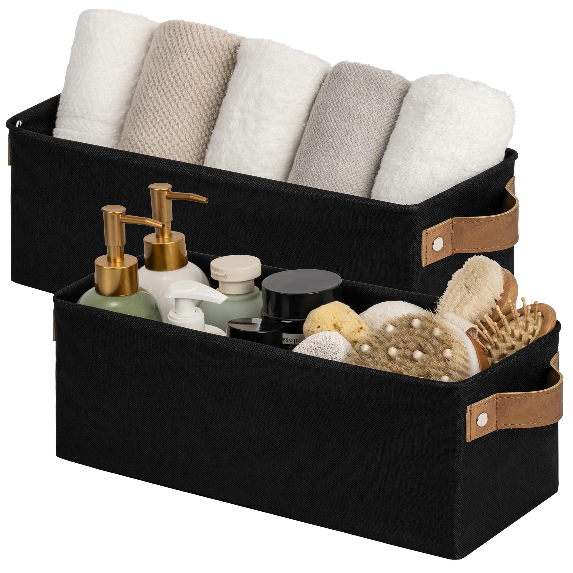 StorageWorks Narrow Storage Bins, Small Basket for Closet and Shelves, Fabric Organizer with Handles, Toilet Paper Storage, Khaki and Beige Stripes, 2-Pack