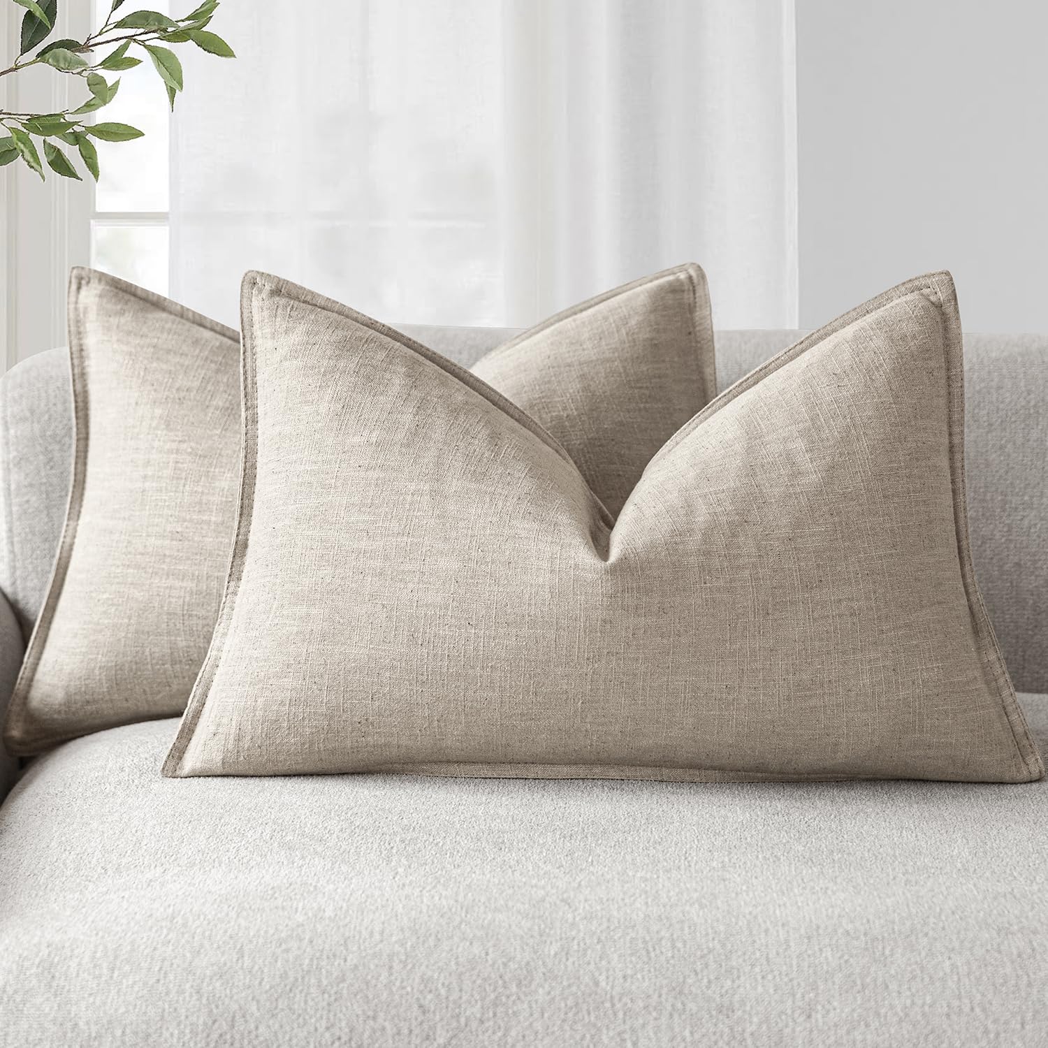 Foindtower Pack of 2, Decorative Linen Soild Throw Pillow Covers Soft Accent Cushion Case Boho Farmhouse Neutral Pillowcase for Couch Sofa Bedroom Living Room Home Decor 20 x 20 Inch Natural Beige